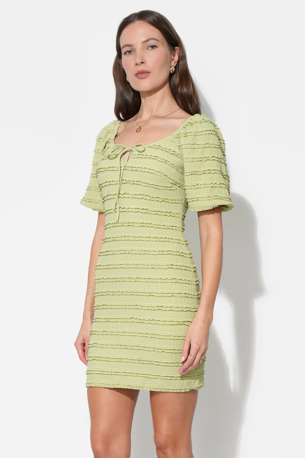 Aina Textured Lace Trim Green Mini Dress