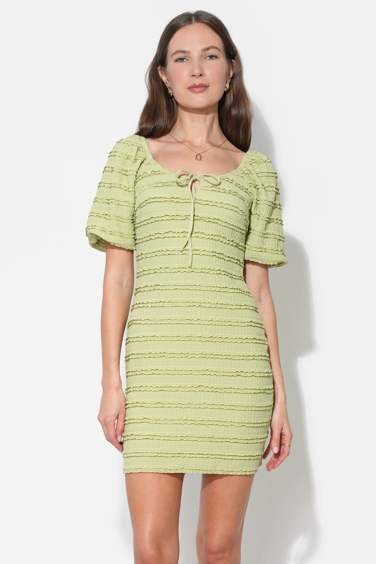 Aina Textured Lace Trim Green Mini Dress - Image 3