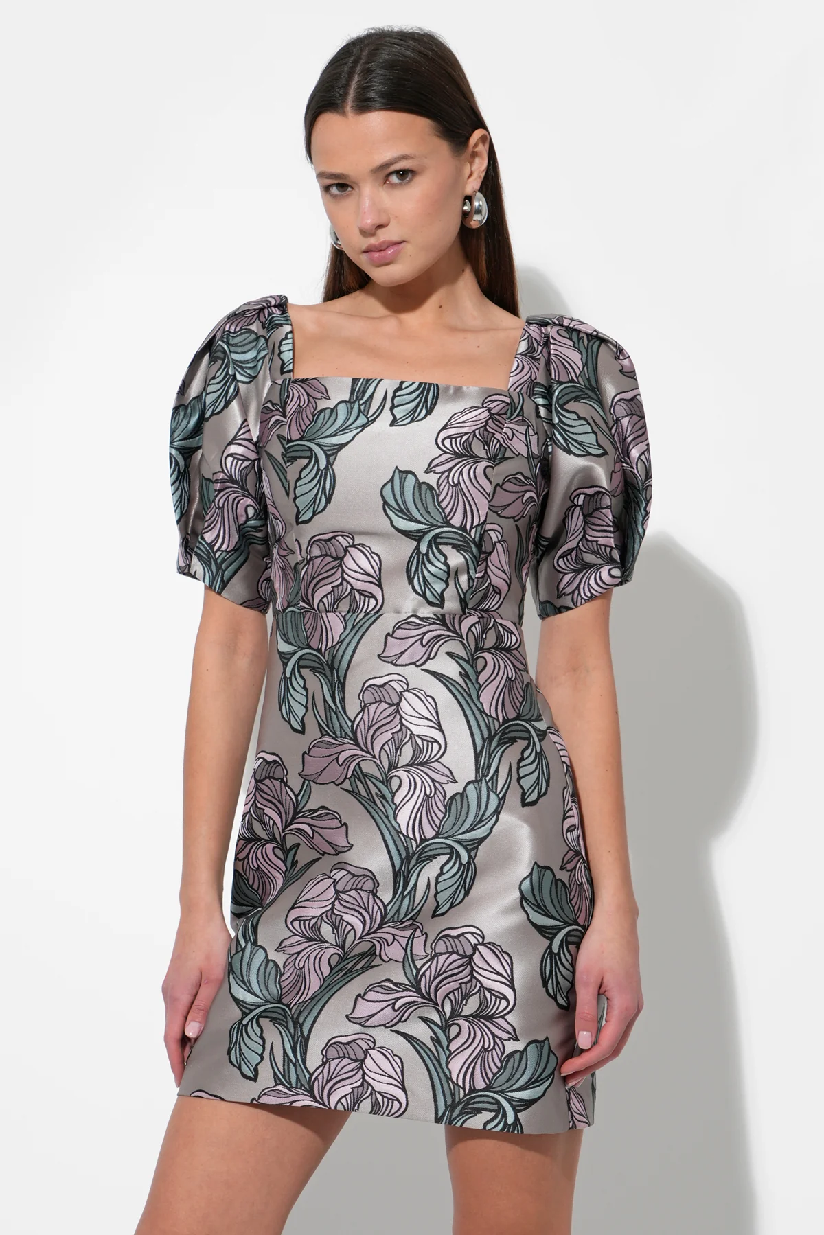 Astoria Puff Sleeved Square Neck Jacquard Dress - Image 2