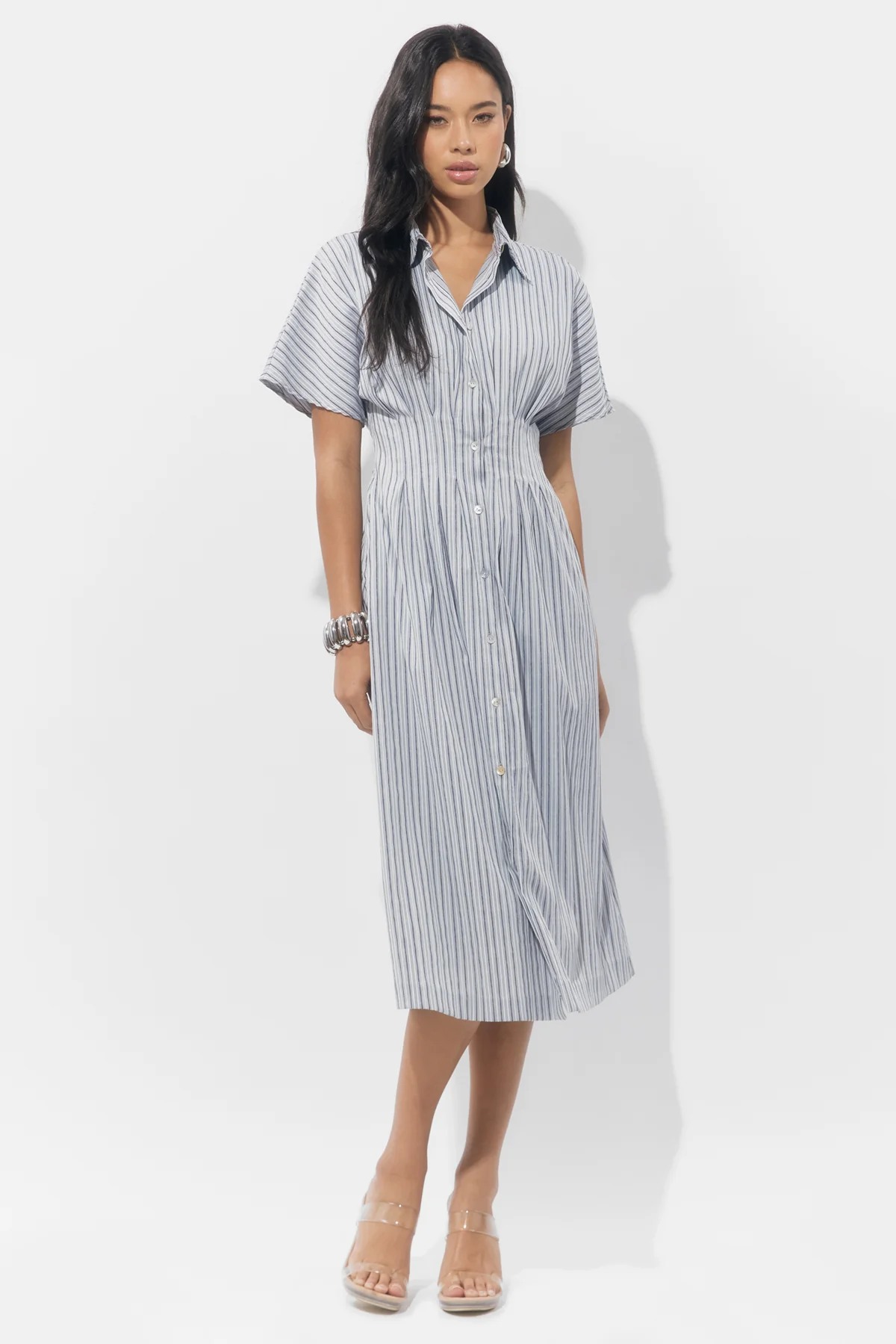 Audrey Button Up Pleated Stripe Shirt Dress
