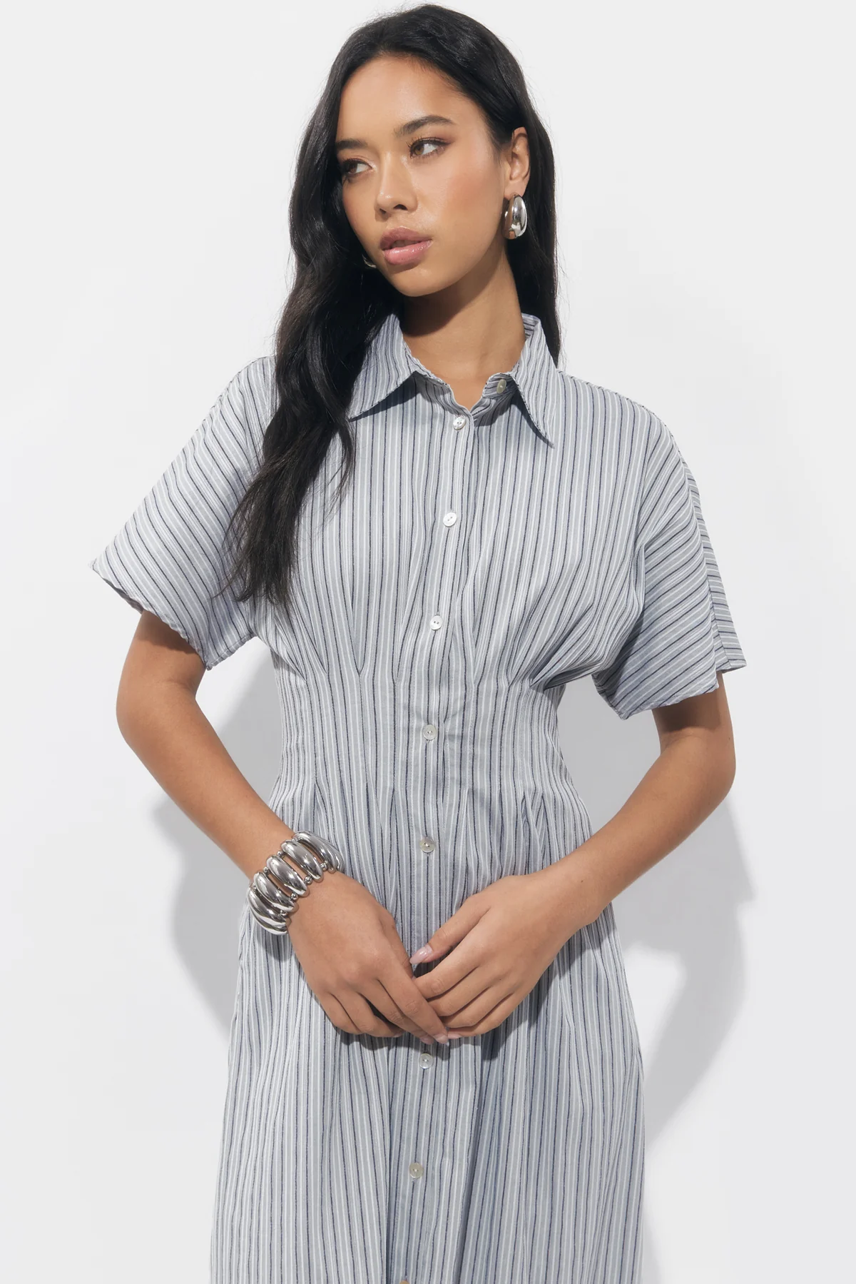 Audrey Button Up Pleated Stripe Shirt Dress - Image 3