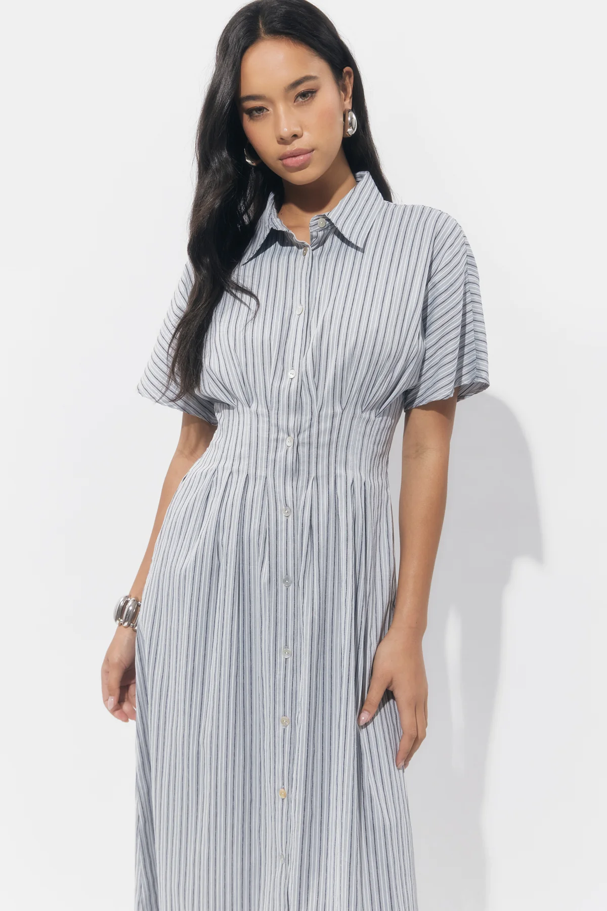 Audrey Button Up Pleated Stripe Shirt Dress - Image 4