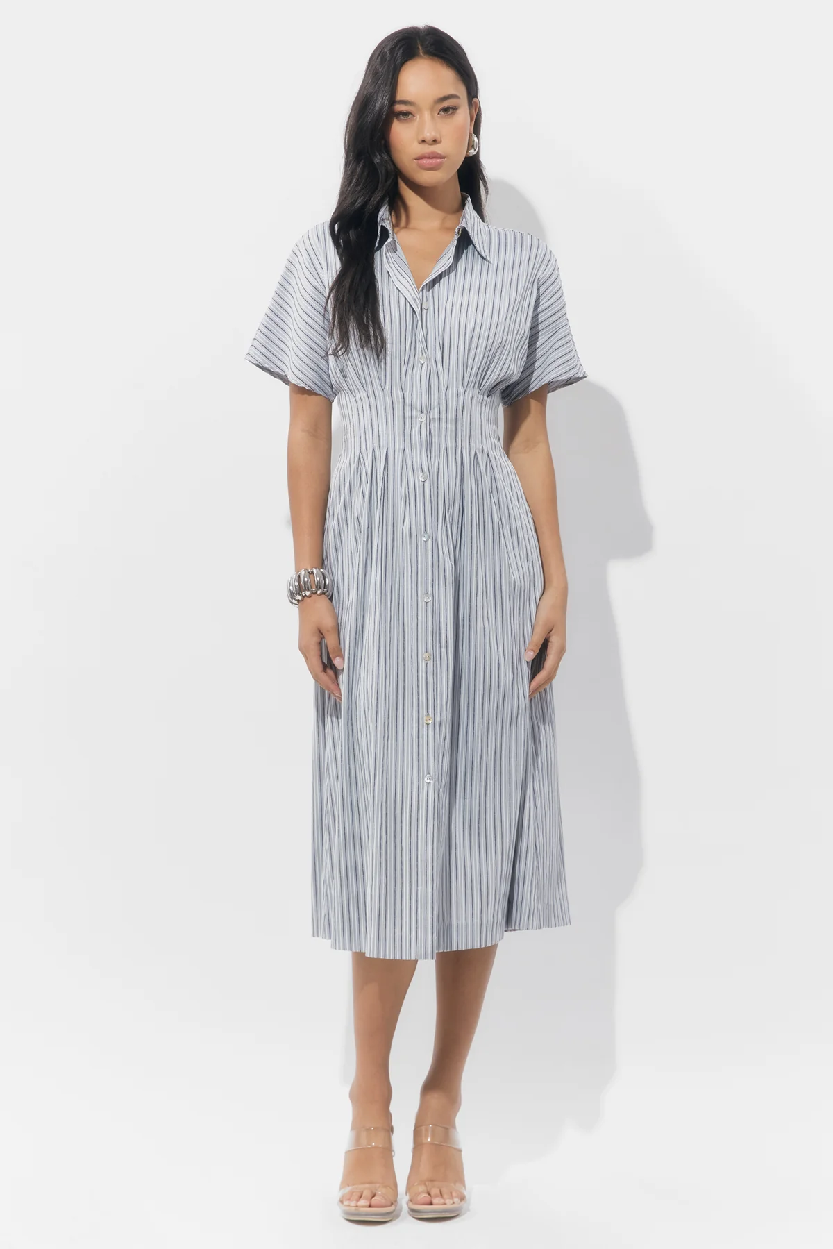 Audrey Button Up Pleated Stripe Shirt Dress - Image 5