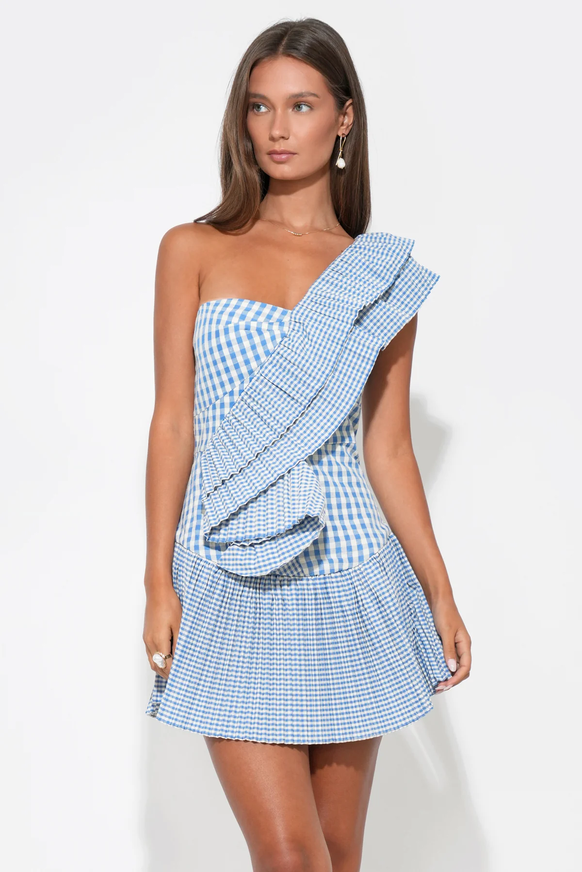 Ava One Shoulder Gingham Mini Dress - Image 4