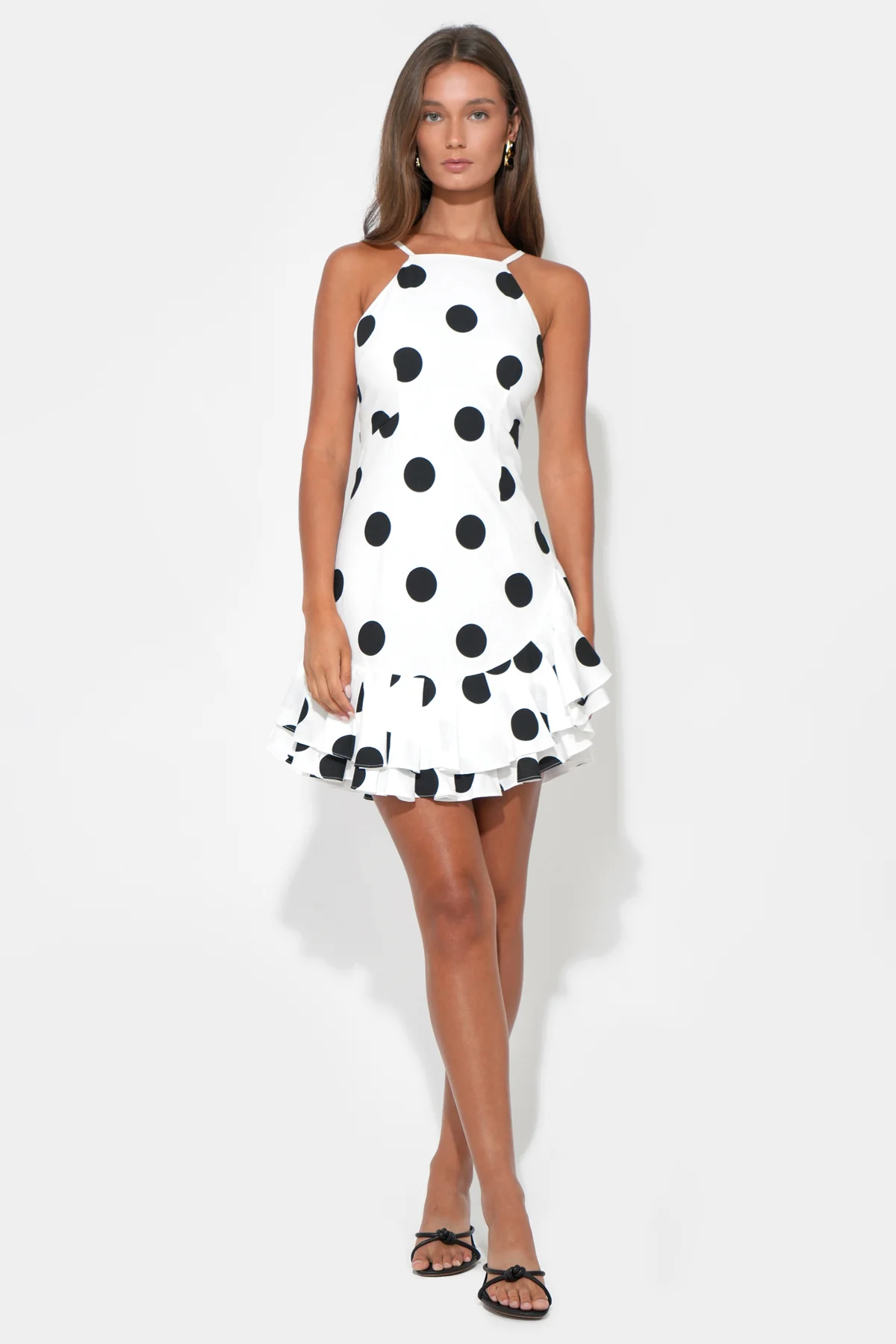 Brianna Halter Ruffle Linen Dot Mini Dress