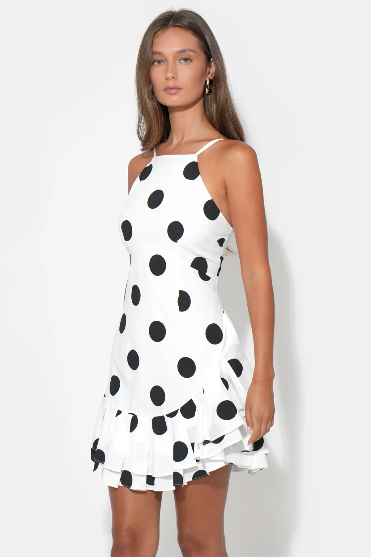 Brianna Halter Ruffle Linen Dot Mini Dress - Image 3