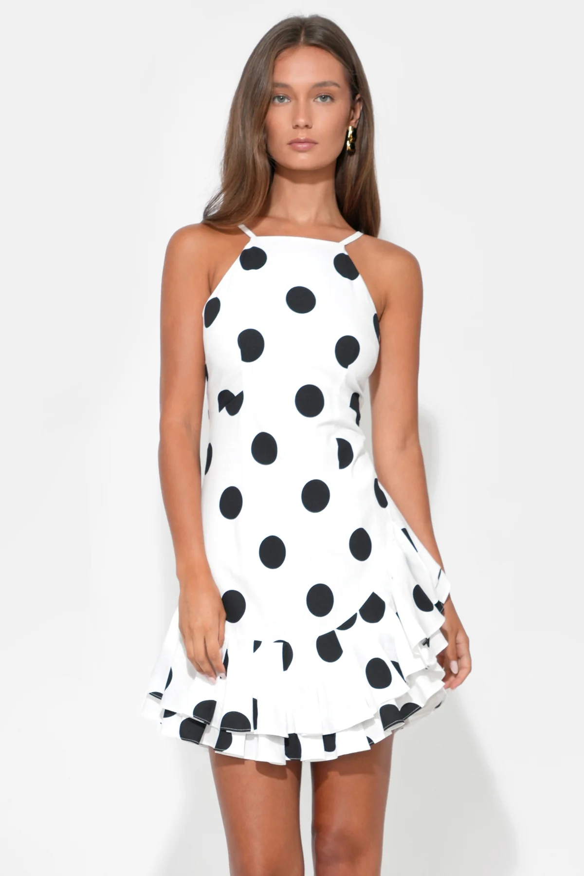 Brianna Halter Ruffle Linen Dot Mini Dress - Image 4