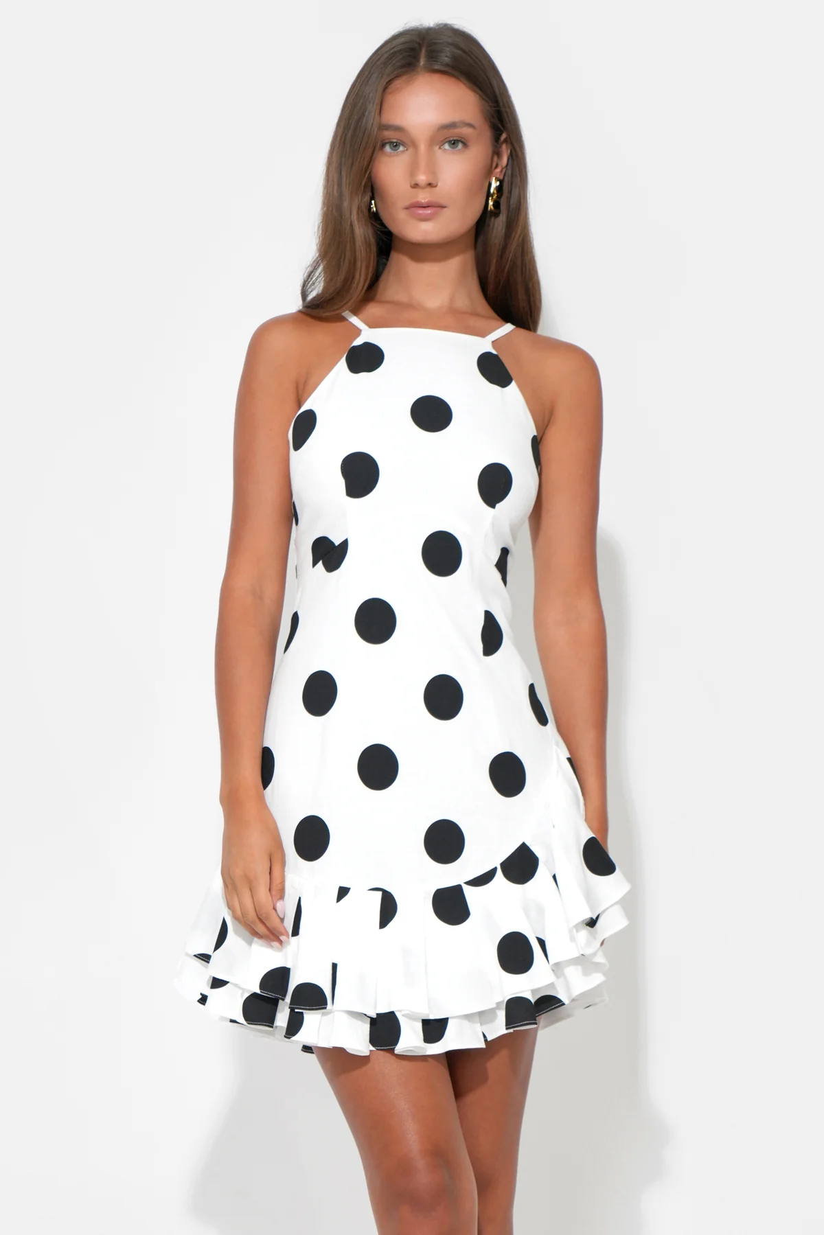 Brianna Halter Ruffle Linen Dot Mini Dress - Image 5