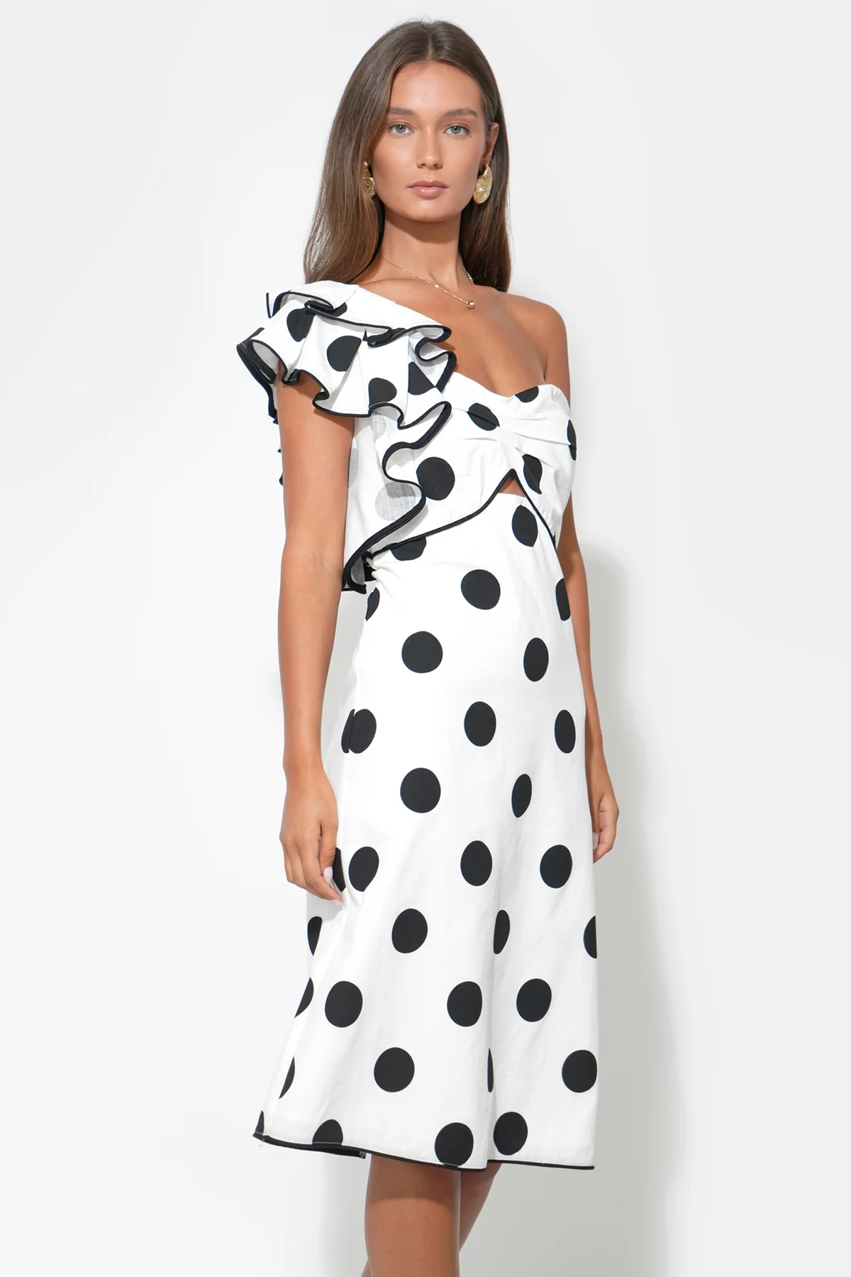 Cailyn One Shoulder Ruffle Linen Dot Midi Dress - Image 3
