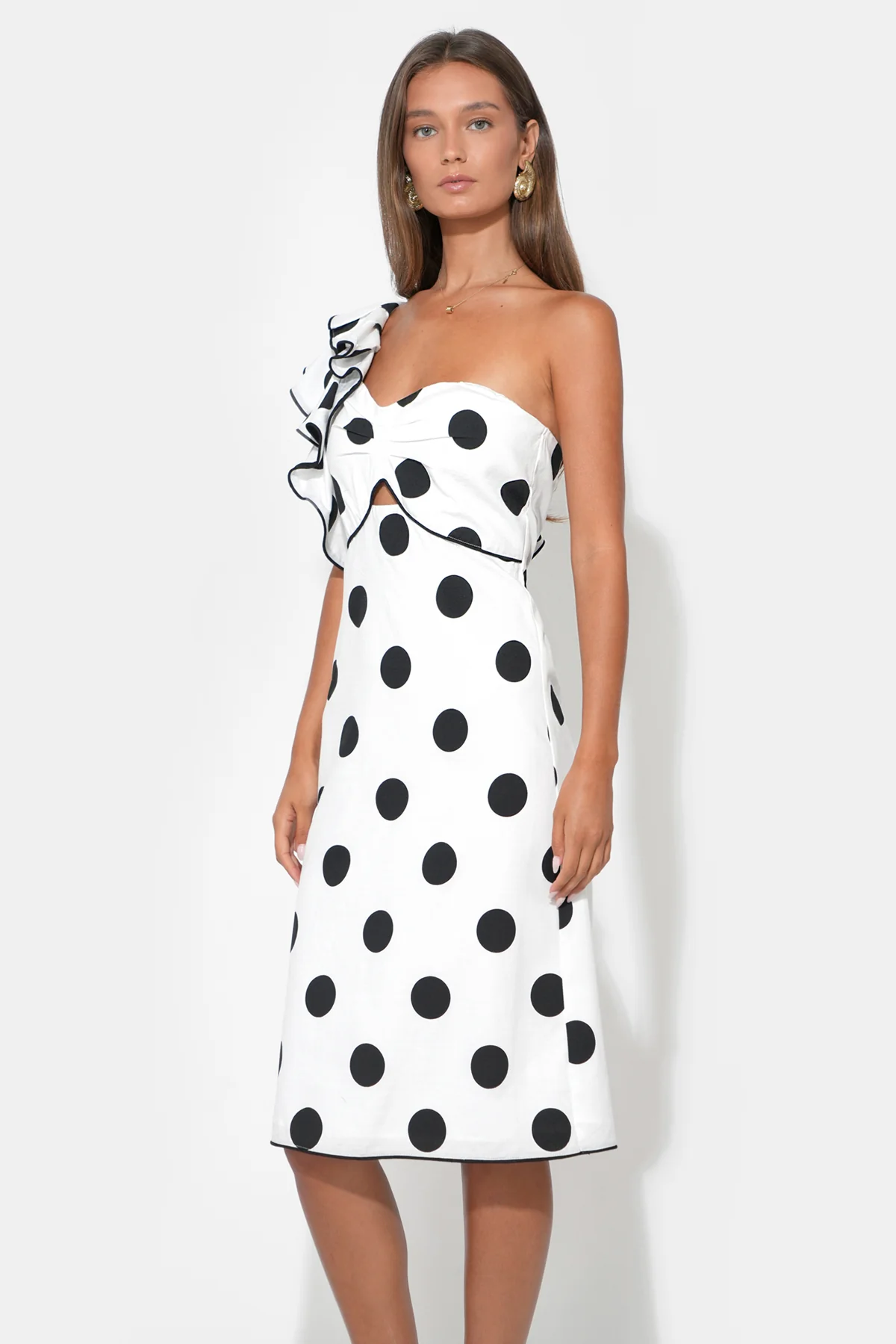 Cailyn One Shoulder Ruffle Linen Dot Midi Dress - Image 4