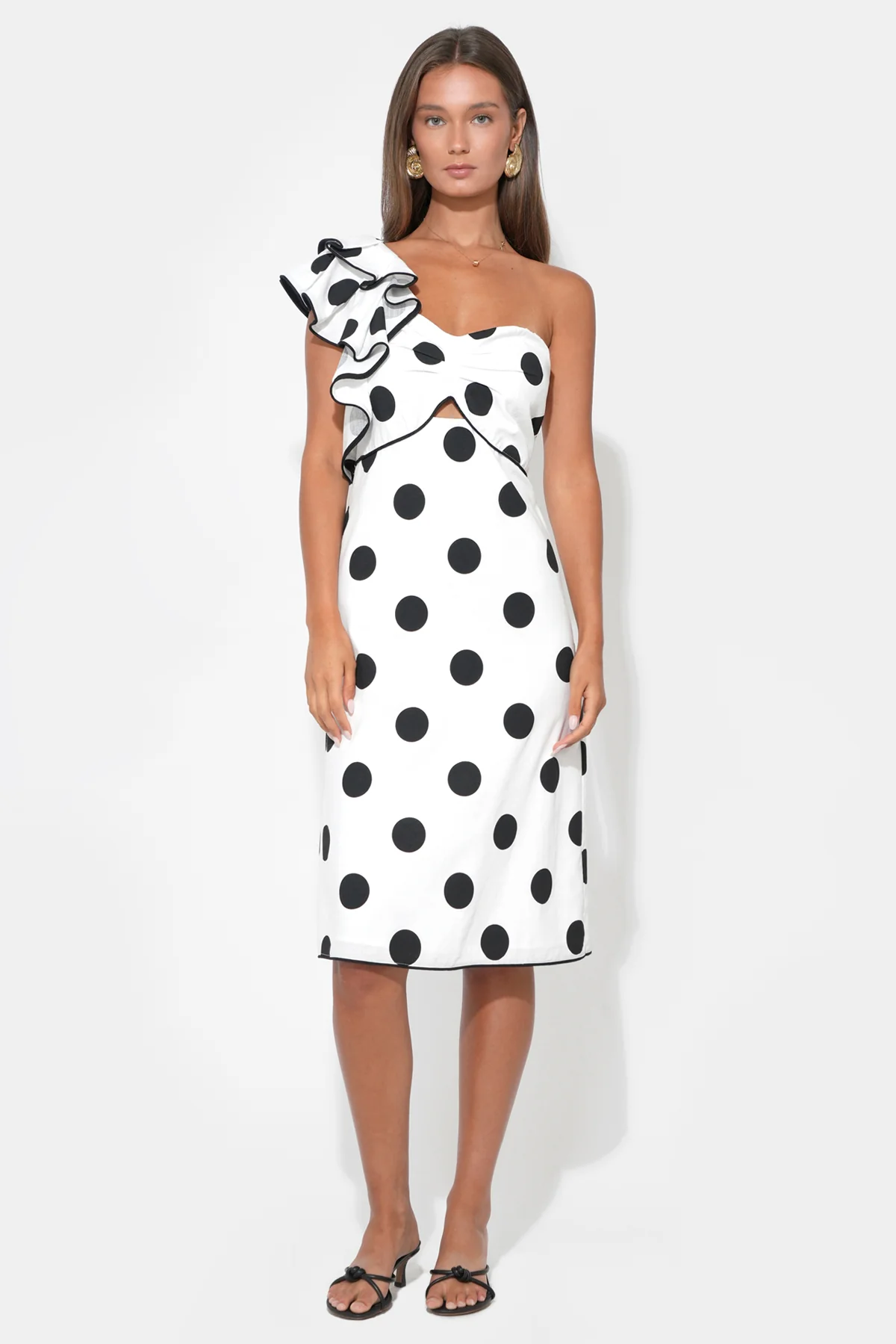 Cailyn One Shoulder Ruffle Linen Dot Midi Dress - Image 5