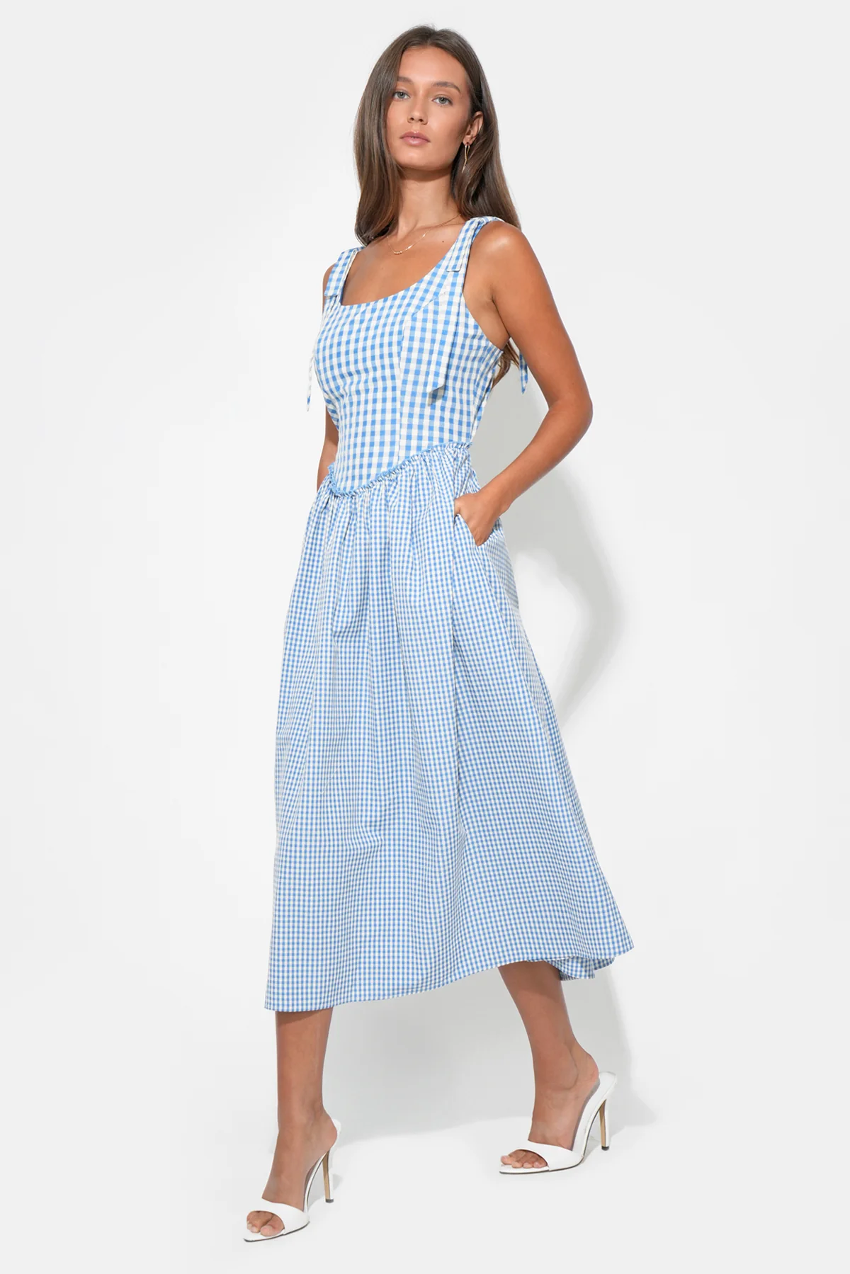 Camila Bow Straps Gingham Midi Dress