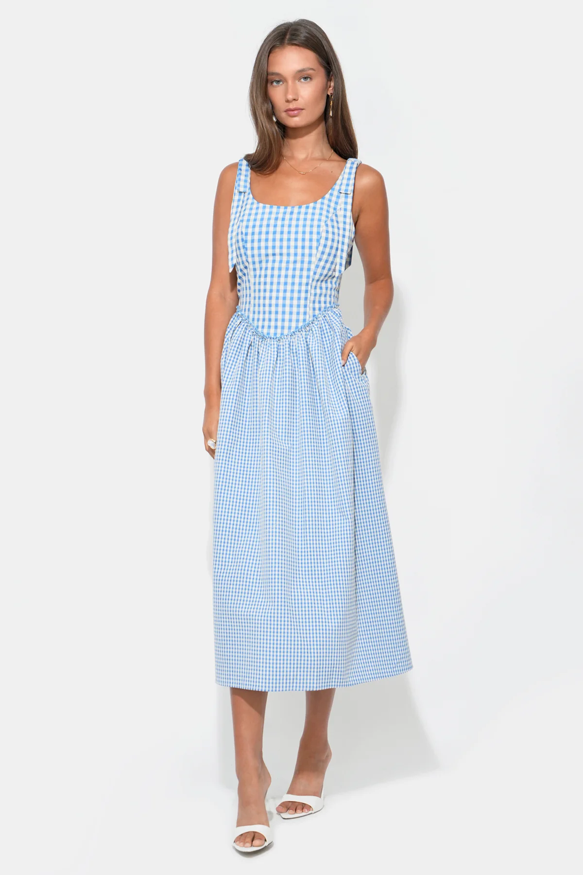 Camila Bow Straps Gingham Midi Dress - Image 3