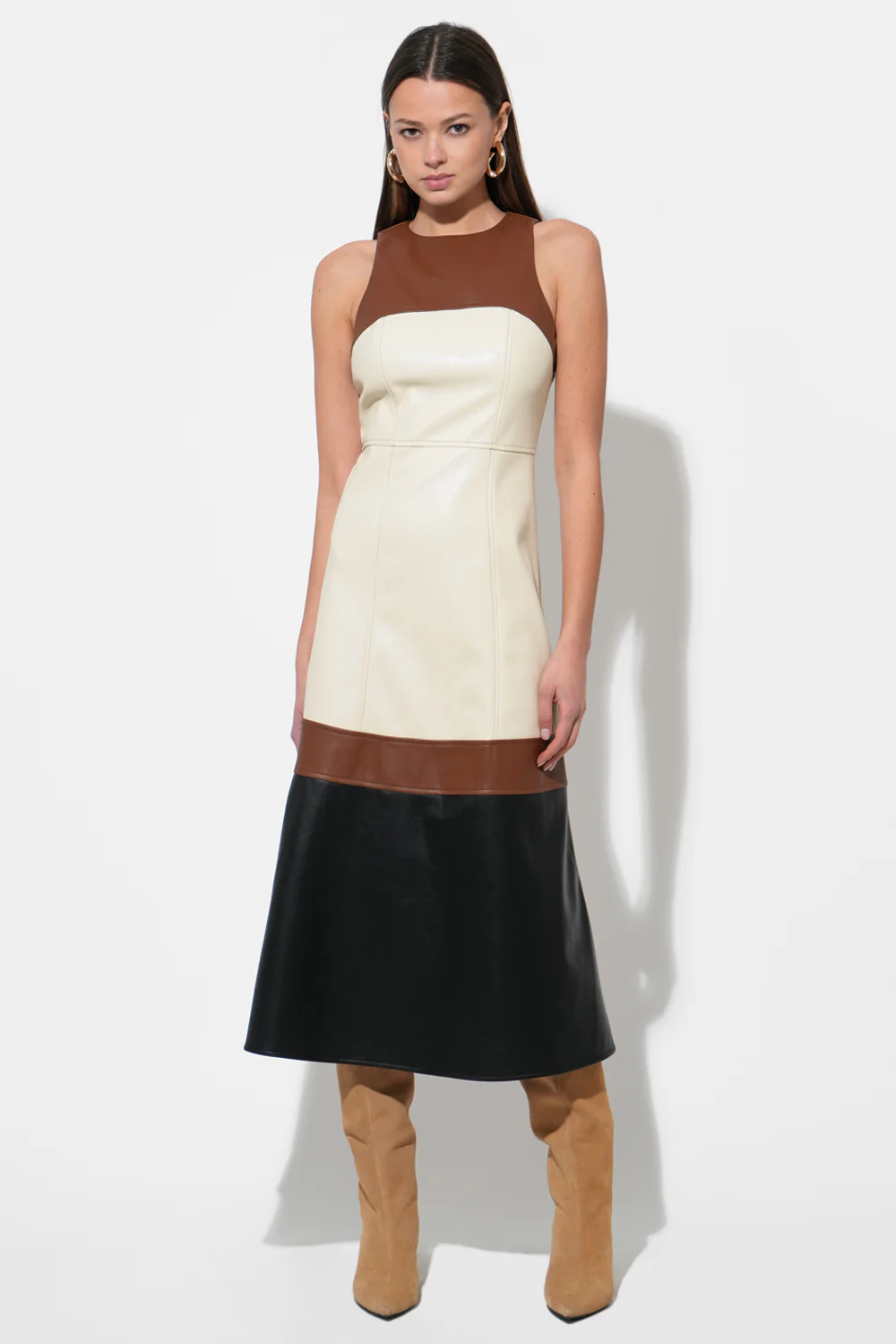 Caspia Vegan Leather Color Block Midi Dress
