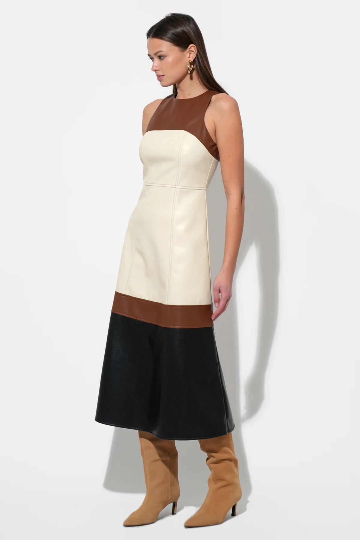 Caspia Vegan Leather Color Block Midi Dress - Image 2