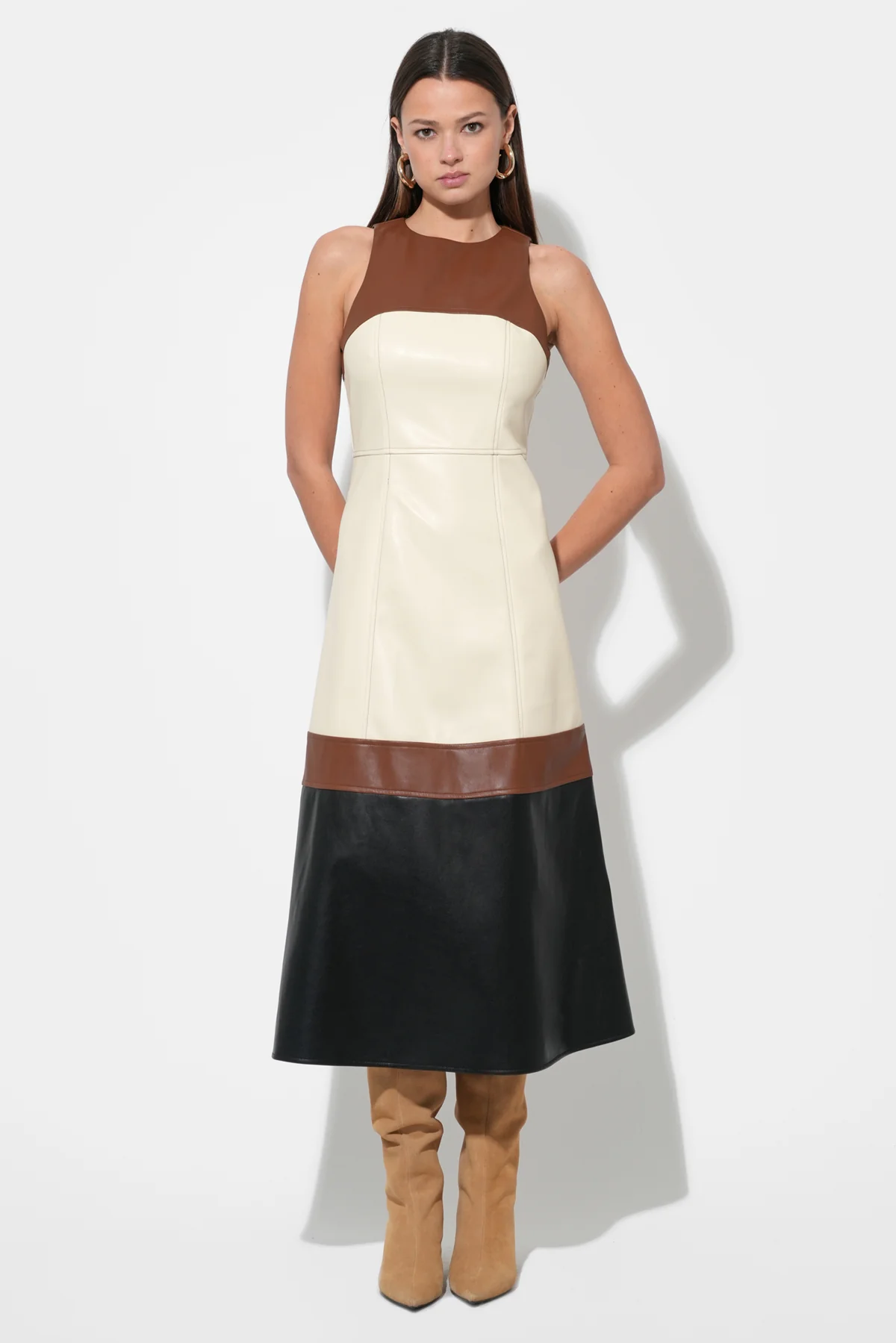 Caspia Vegan Leather Color Block Midi Dress - Image 3