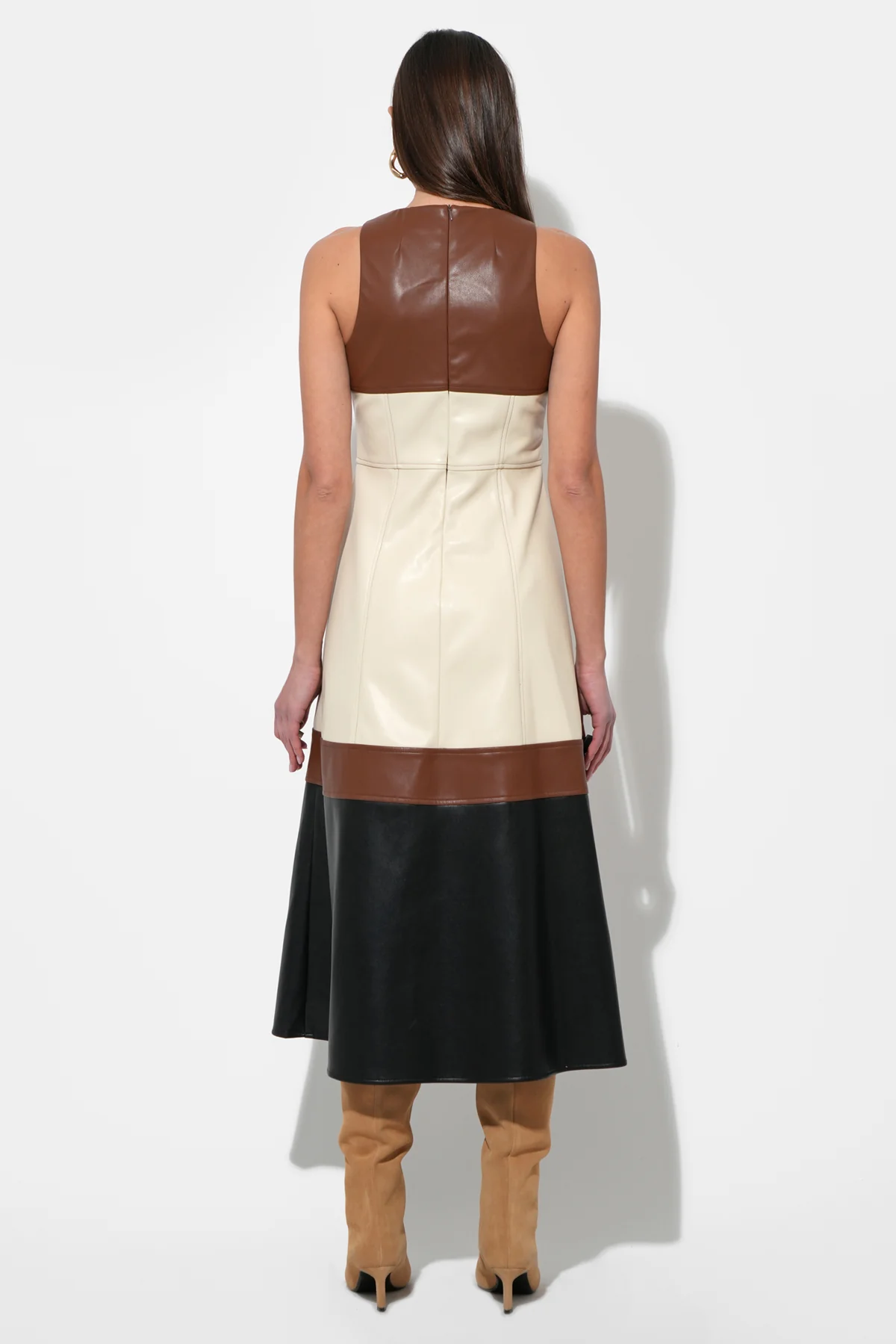 Caspia Vegan Leather Color Block Midi Dress - Image 4