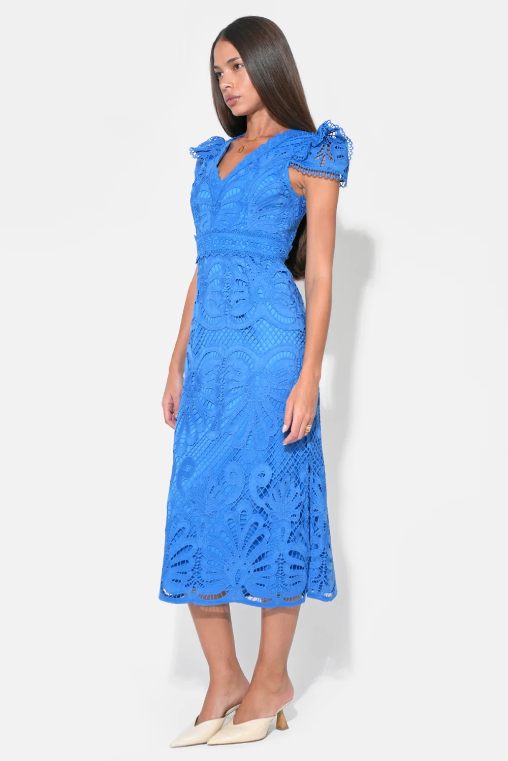 Daisy Cap Sleeve Scallop Lace Midi Dress - Image 2