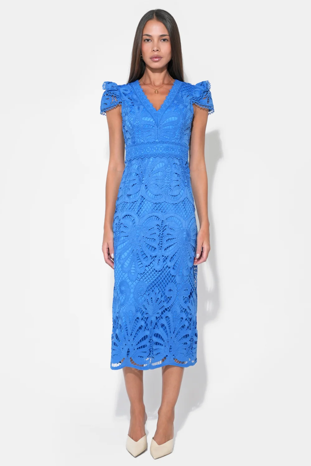 Daisy Cap Sleeve Scallop Lace Midi Dress - Image 4