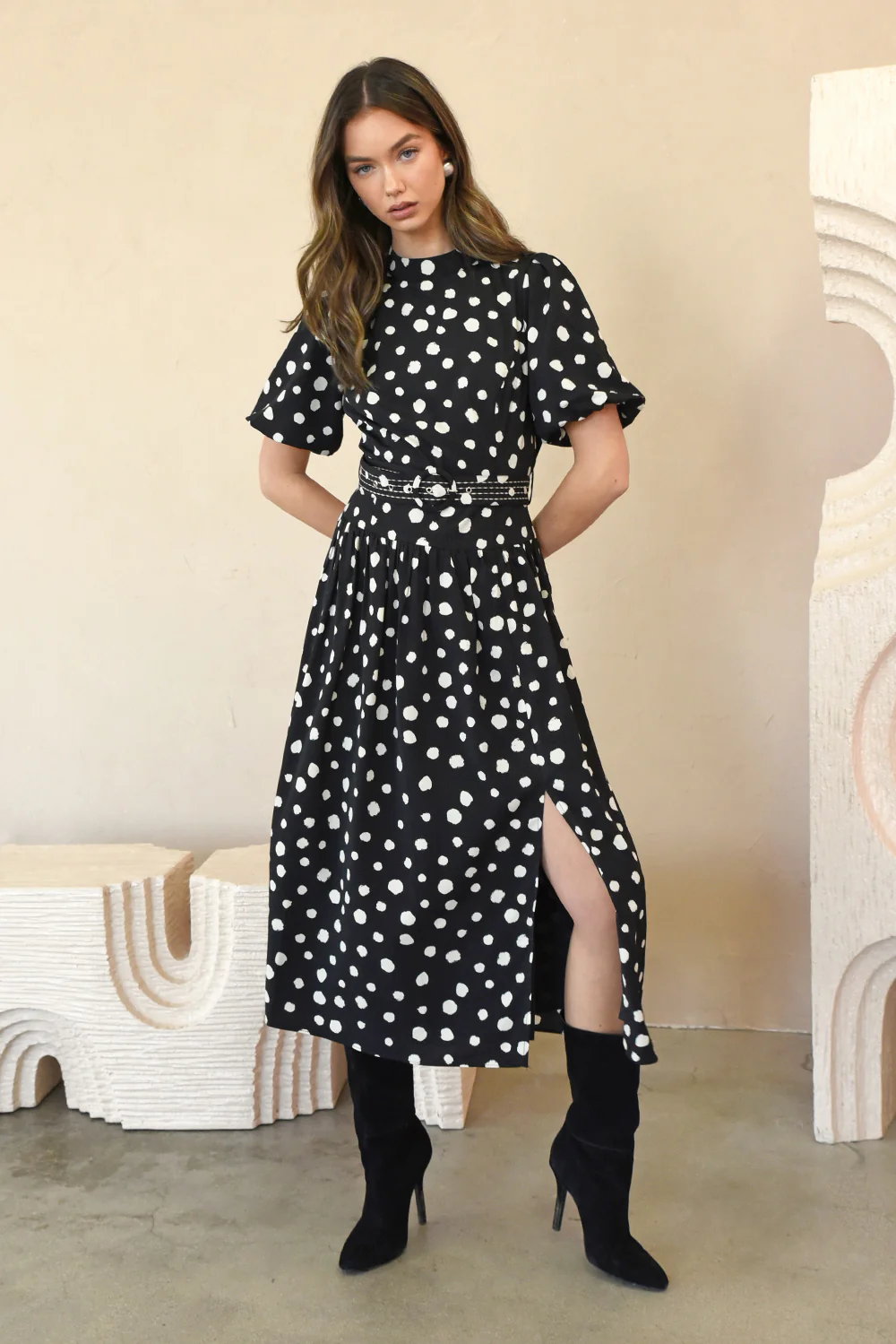 Darlene Polkadot Belted Midi Dress - Image 4
