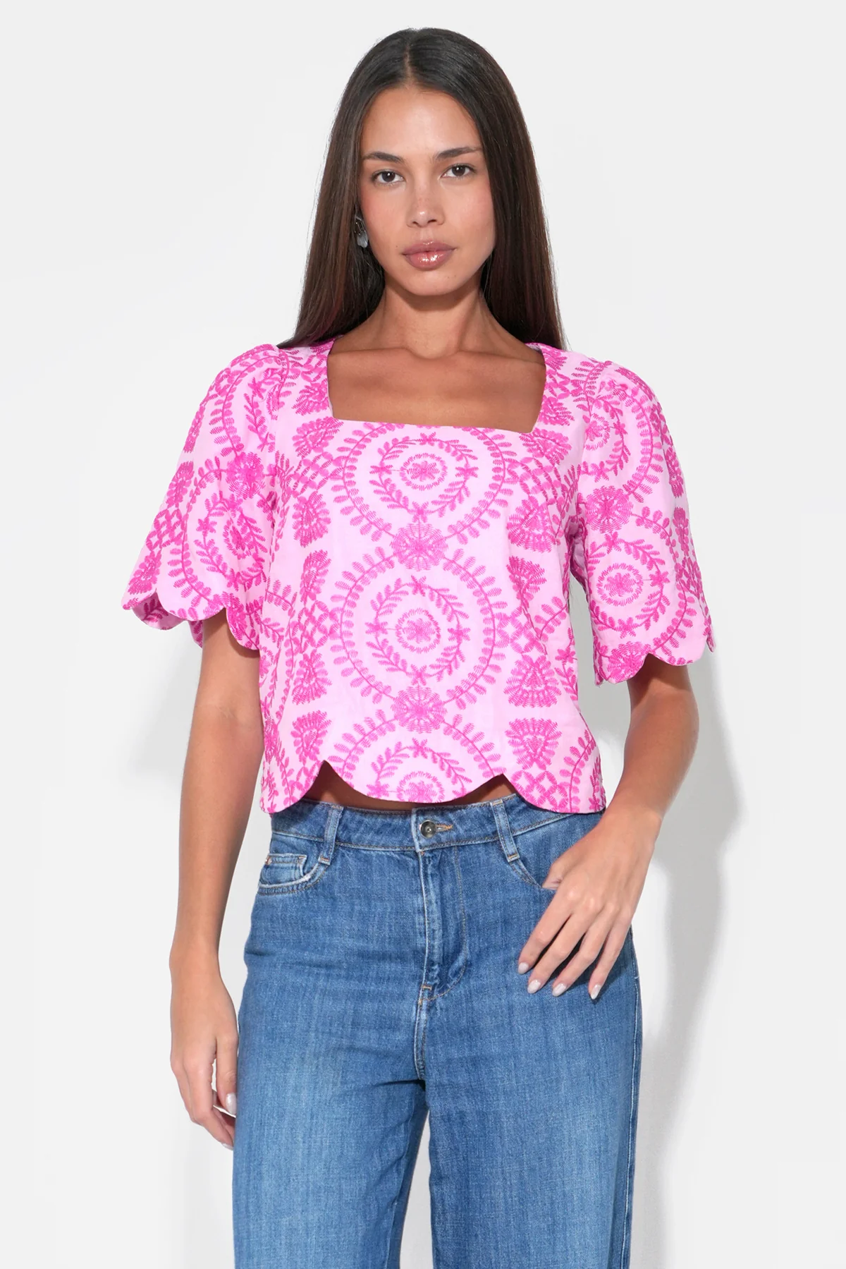 Hadley Square Neck Embroidery Scallop Top - Image 3