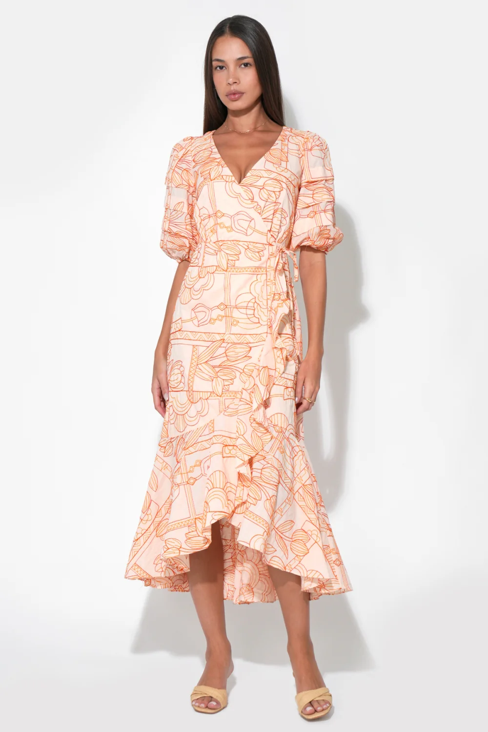 Haven Ruffle Embroidery Wrap Midi Dress