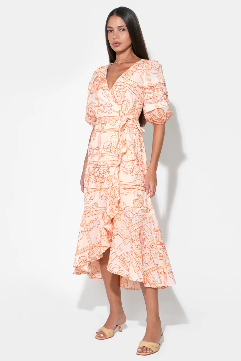 Haven Ruffle Embroidery Wrap Midi Dress - Image 3