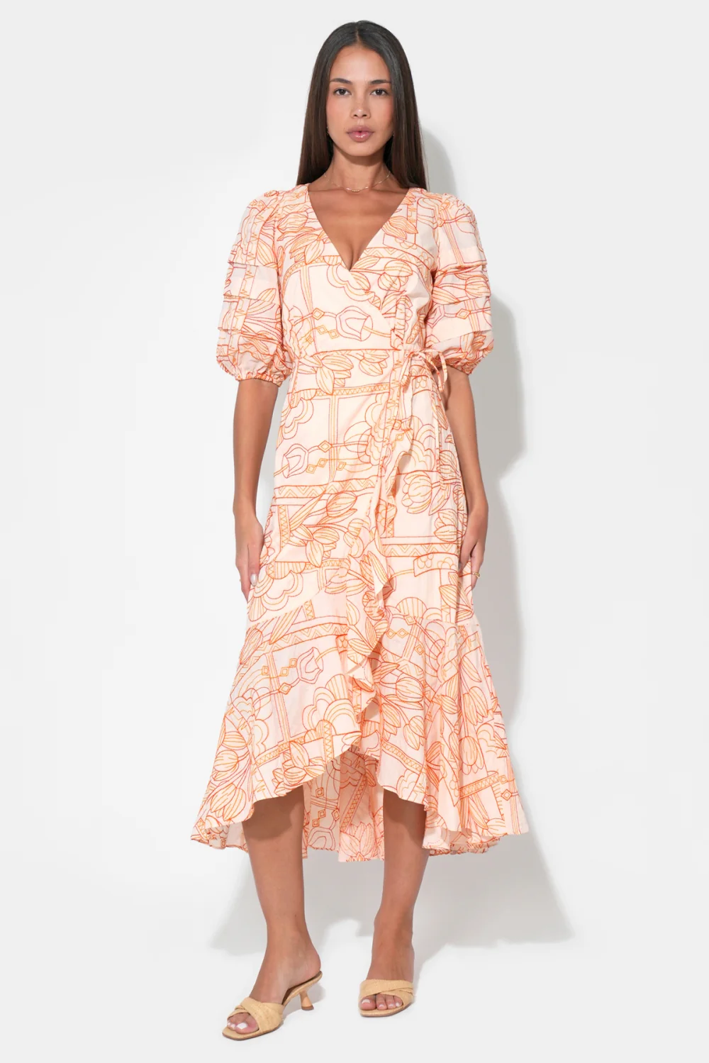 Haven Ruffle Embroidery Wrap Midi Dress - Image 4