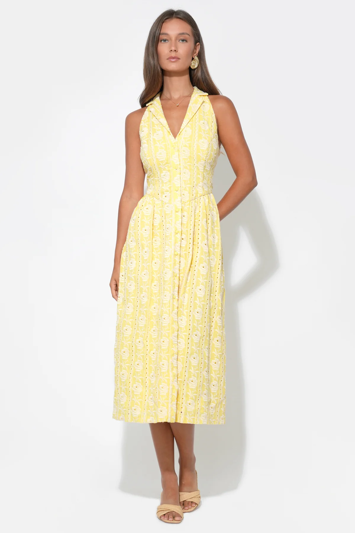 Hazel Halter Floral Embroidery Midi Dress
