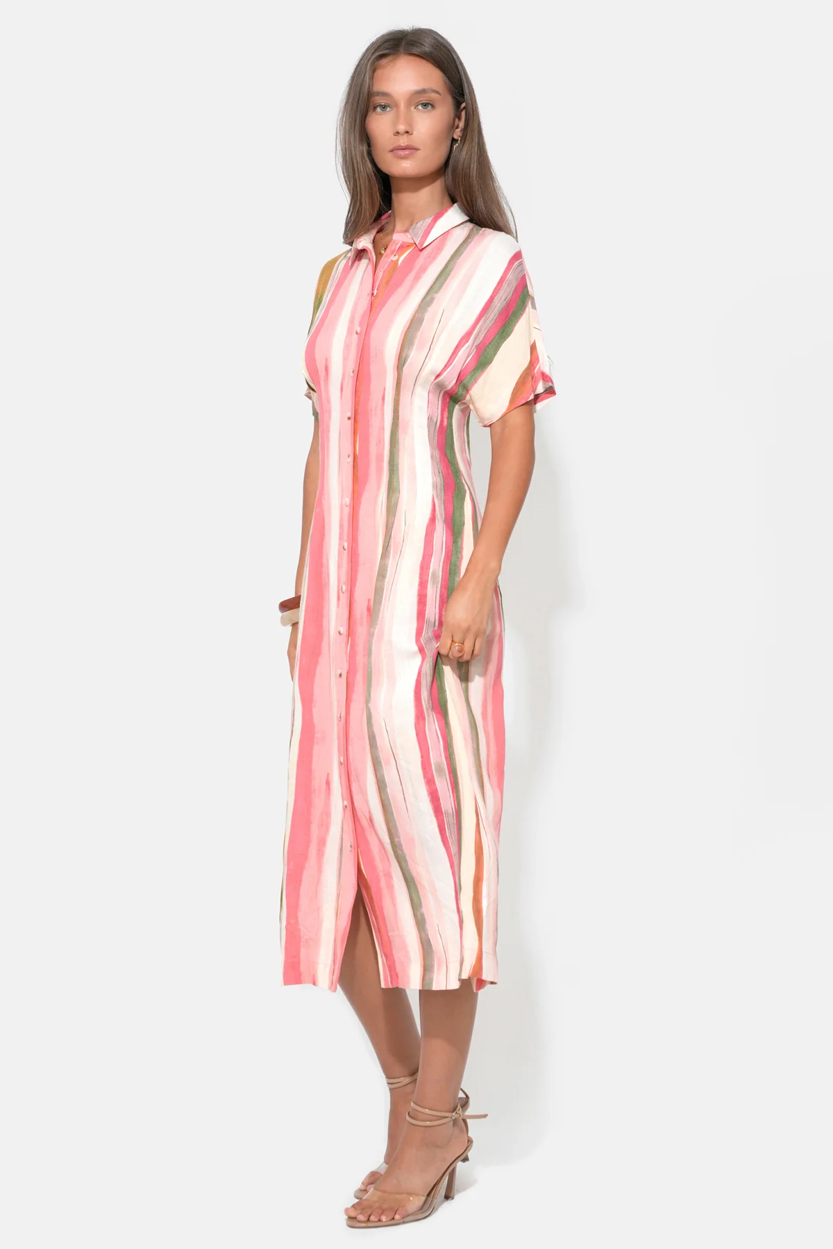 Heidi Button Up Pleated Stripe Midi Dress - Image 3