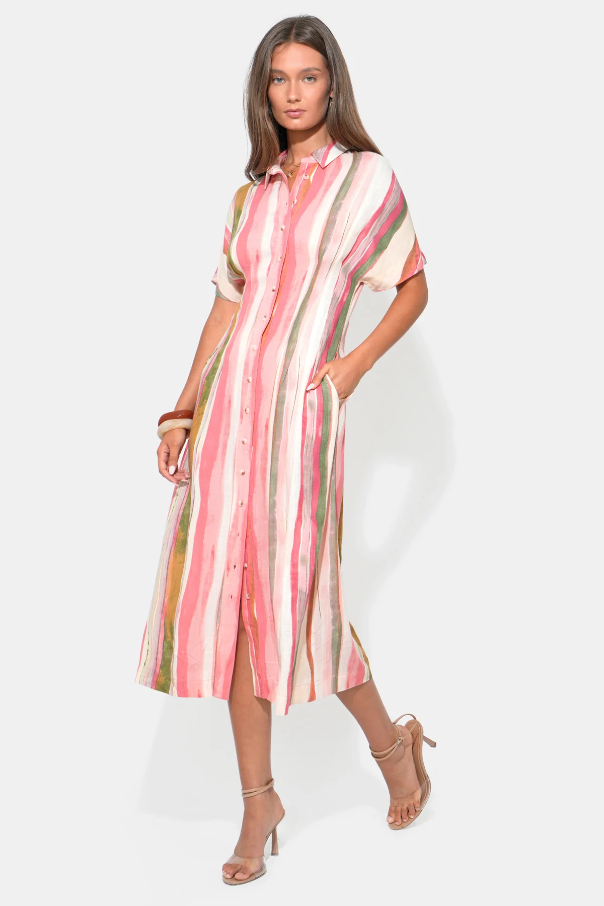 Heidi Button Up Pleated Stripe Midi Dress - Image 4