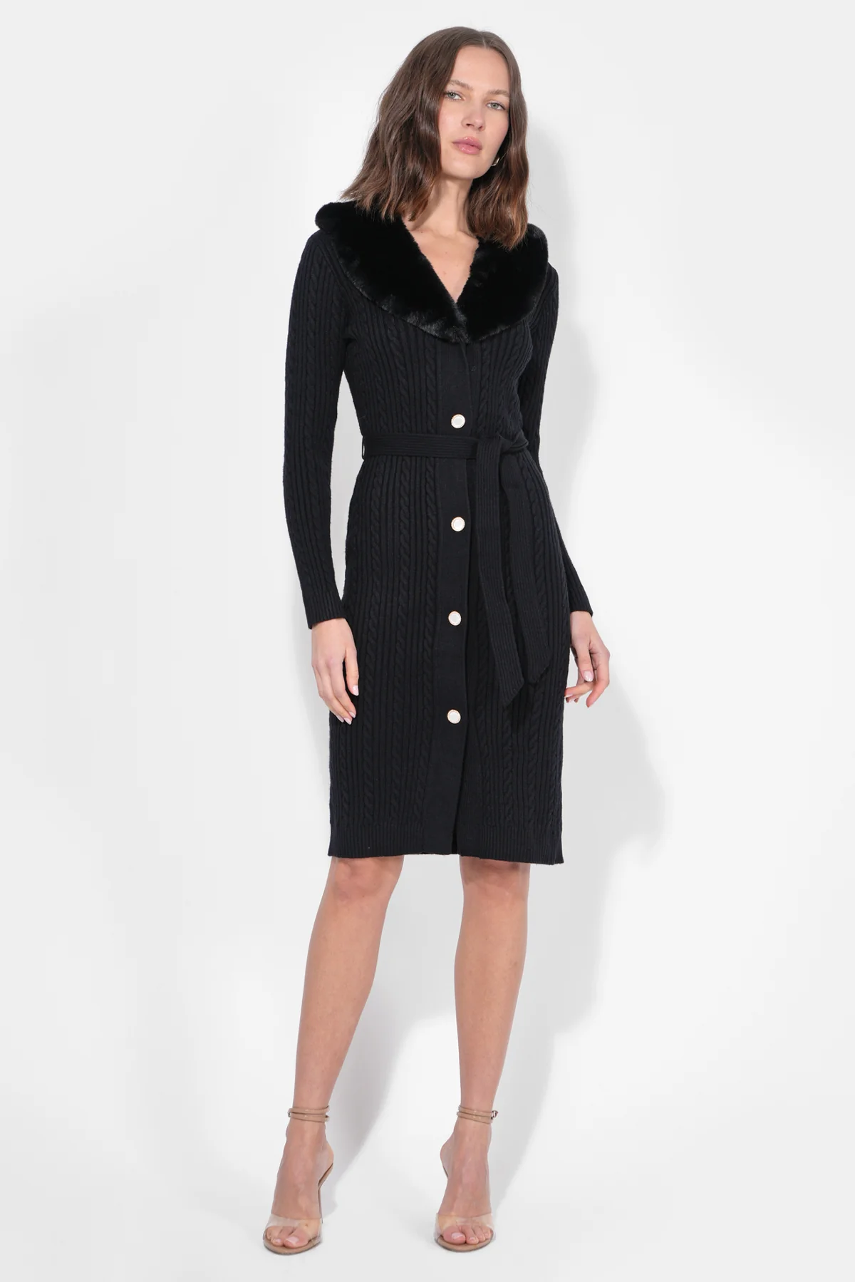 Karlene Detachable Faux Fur Collar Sweater Dress