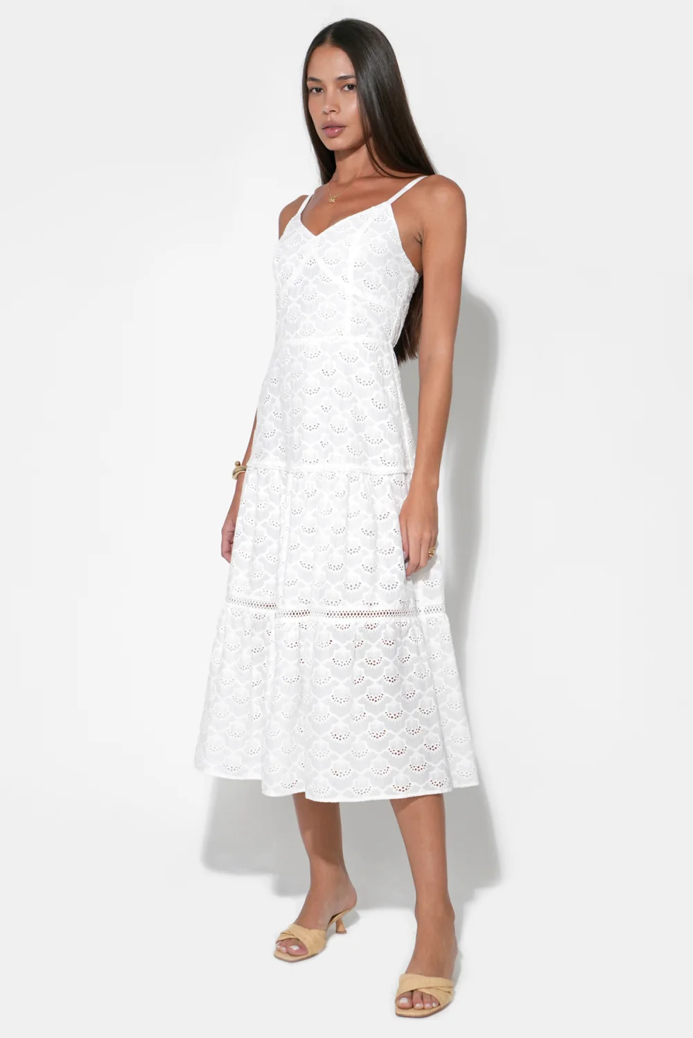 Lina Tiered Strappy Cotton Eyelet Embroidered Midi Dress - Image 3