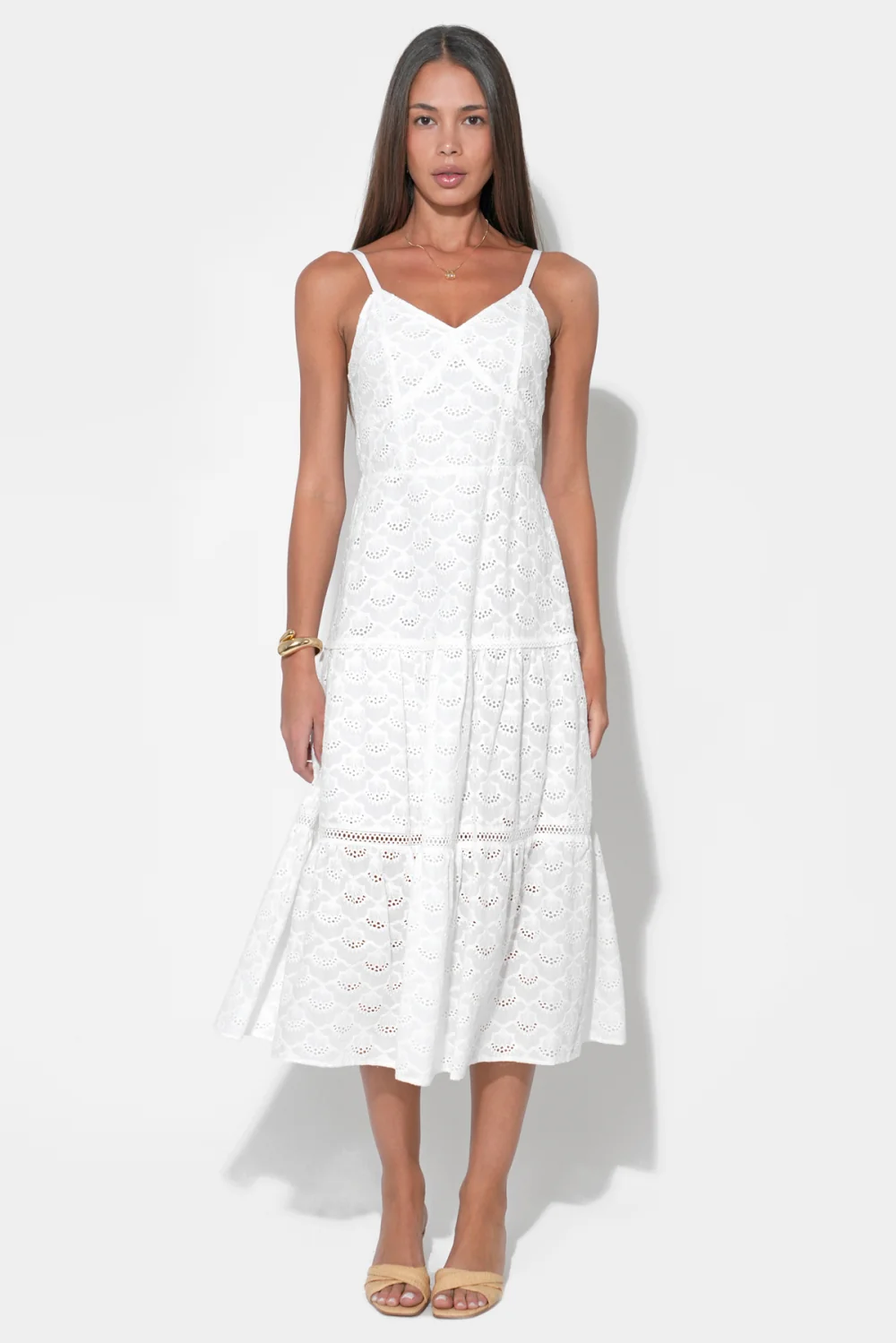 Lina Tiered Strappy Cotton Eyelet Embroidered Midi Dress - Image 4