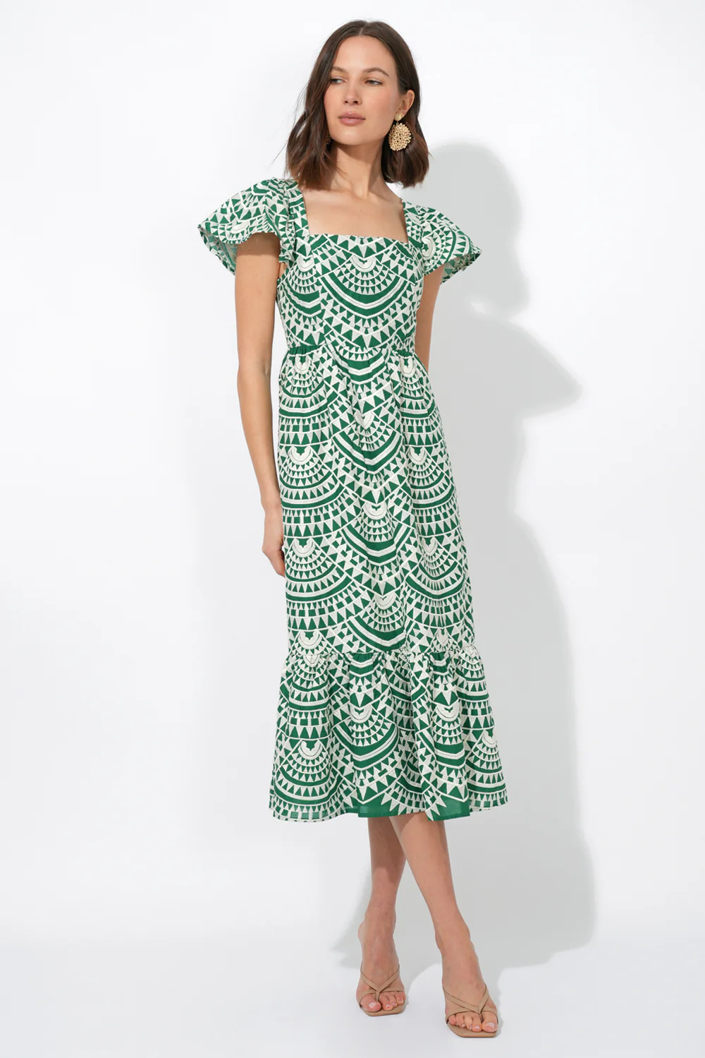 Maja Cotton Crochet Flutter Sleeve Midi Dress