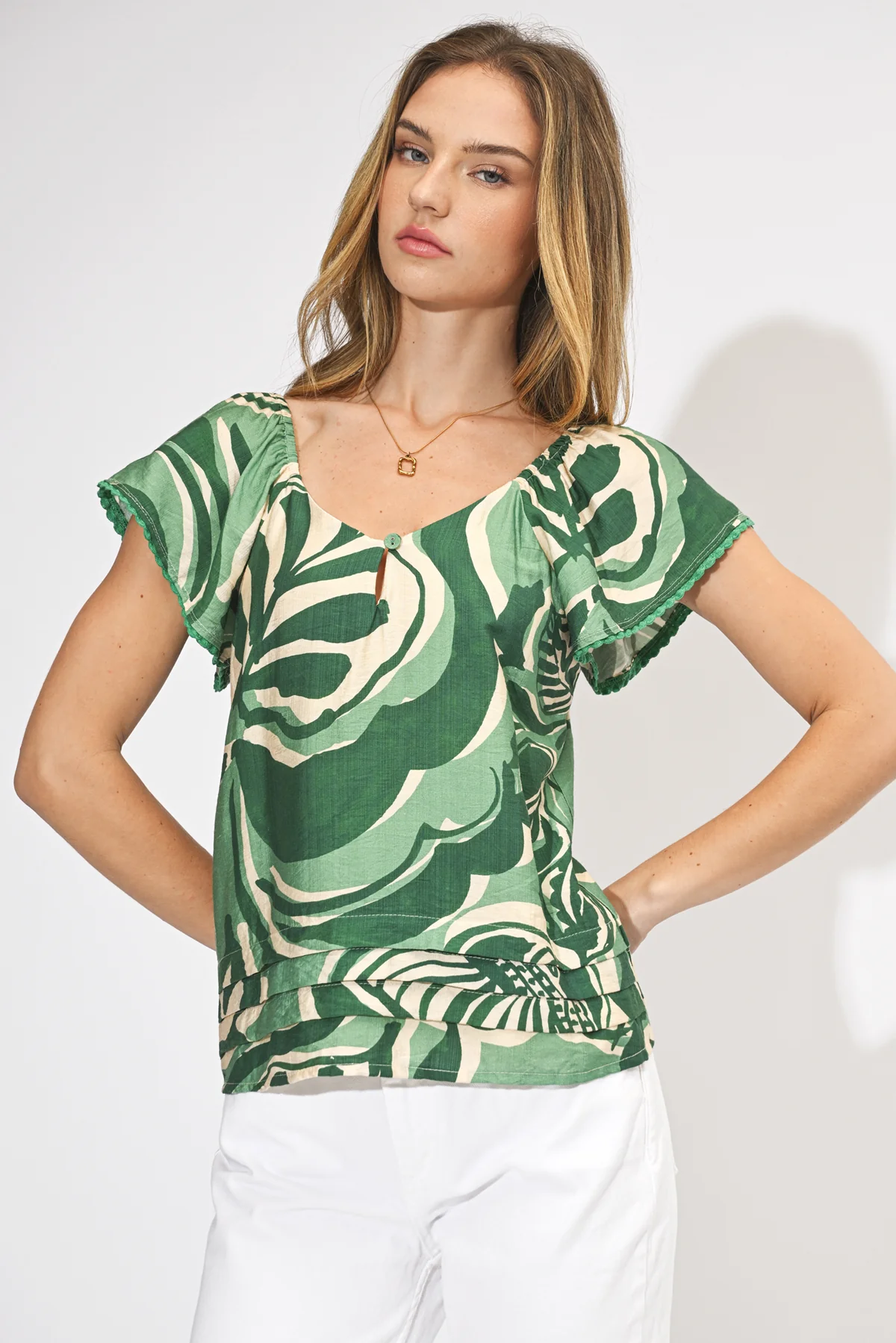 Nyra Leaf Print Flutter Sleeve Top - Image 4