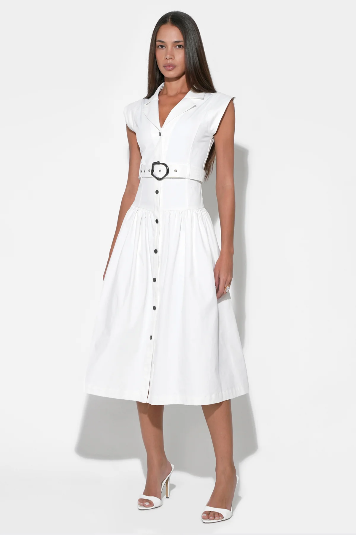 Olivia Button-Up Belted Shirt Off-White Midi Dress - Image 3