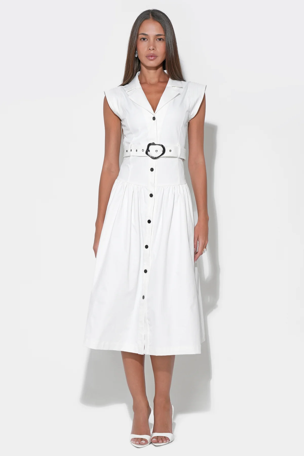Olivia Button-Up Belted Shirt Off-White Midi Dress - Image 4