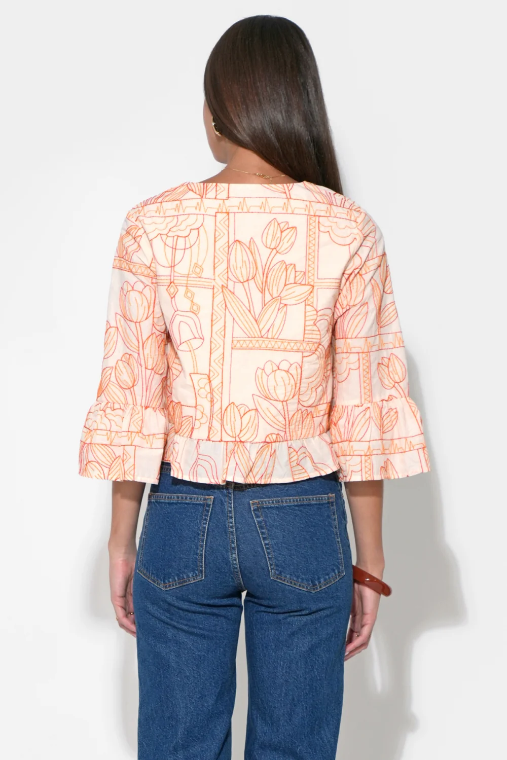 Rosalie Tie Front Ruffle Sleeve Embroiled Top - Image 3