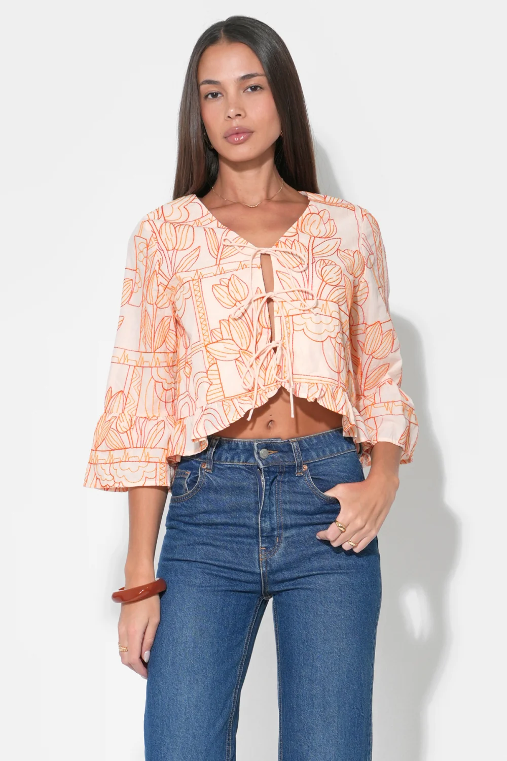Rosalie Tie Front Ruffle Sleeve Embroiled Top - Image 4