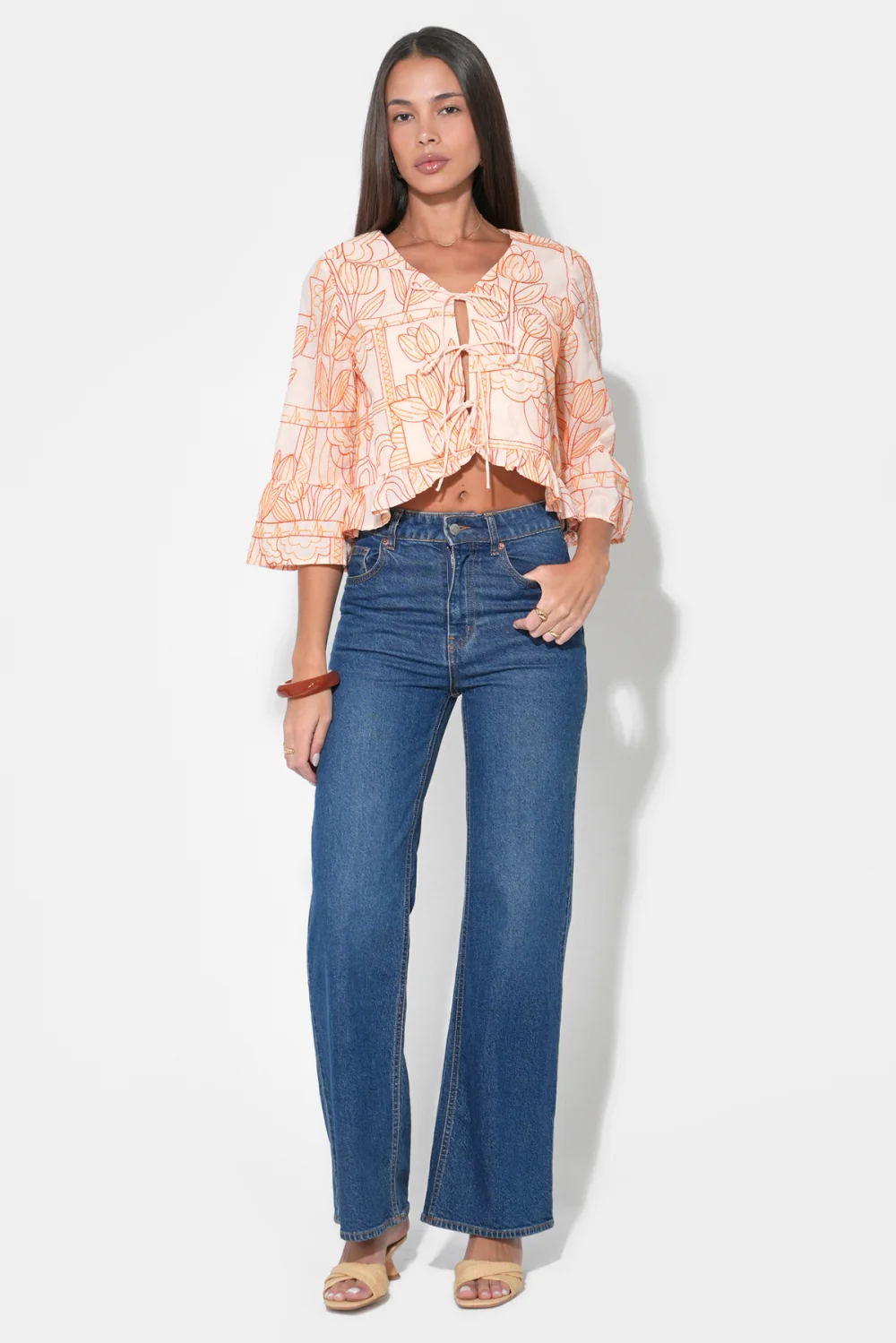 Rosalie Tie Front Ruffle Sleeve Embroiled Top - Image 5