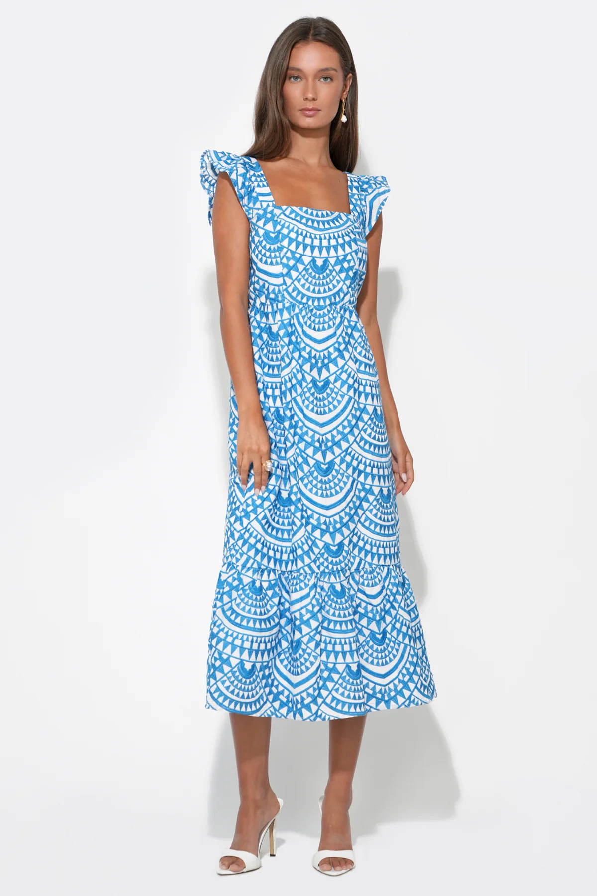 Sadie Flutter Sleeve Embroidery Midi Dress