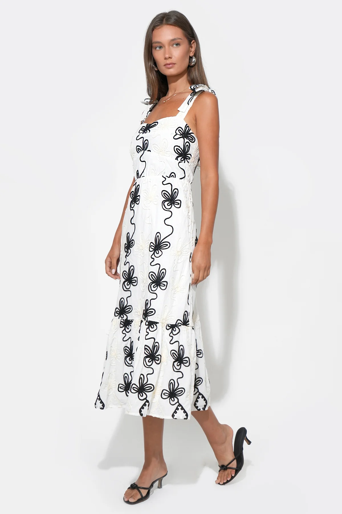 Seraphina Bow Straps Embroidery Midi Dress