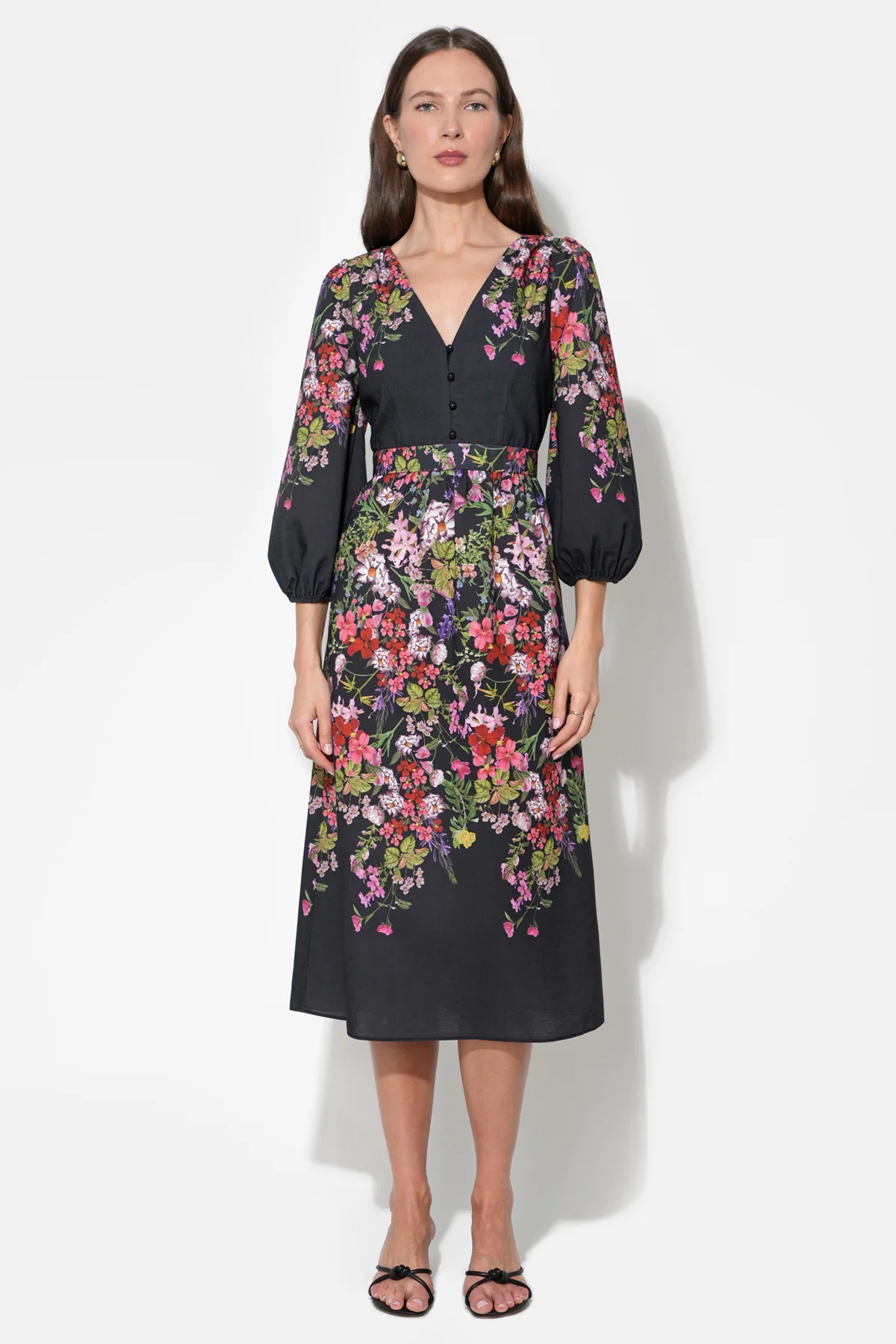 Tessa Bubble Sleeve V-Neck Floral Print Midi Dress