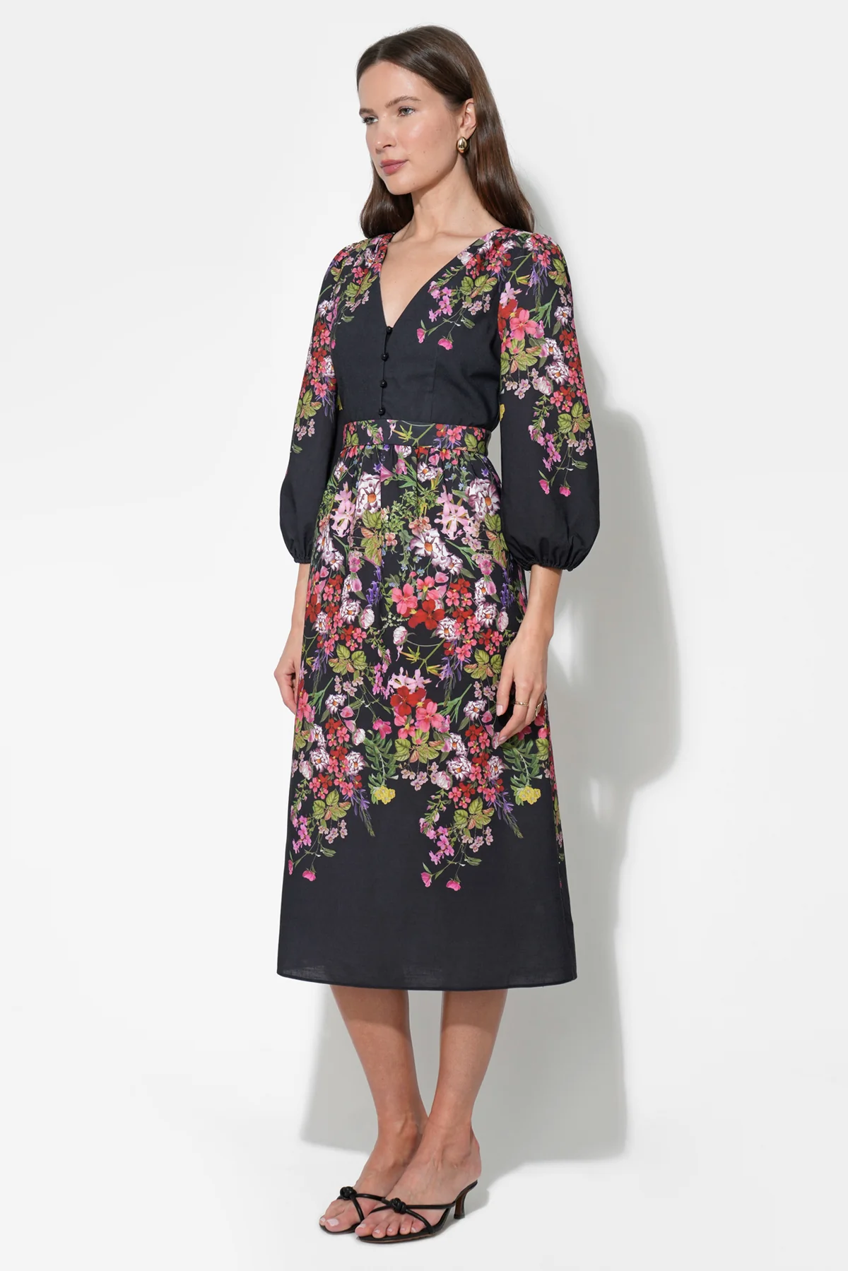 Tessa Bubble Sleeve V-Neck Floral Print Midi Dress - Image 2