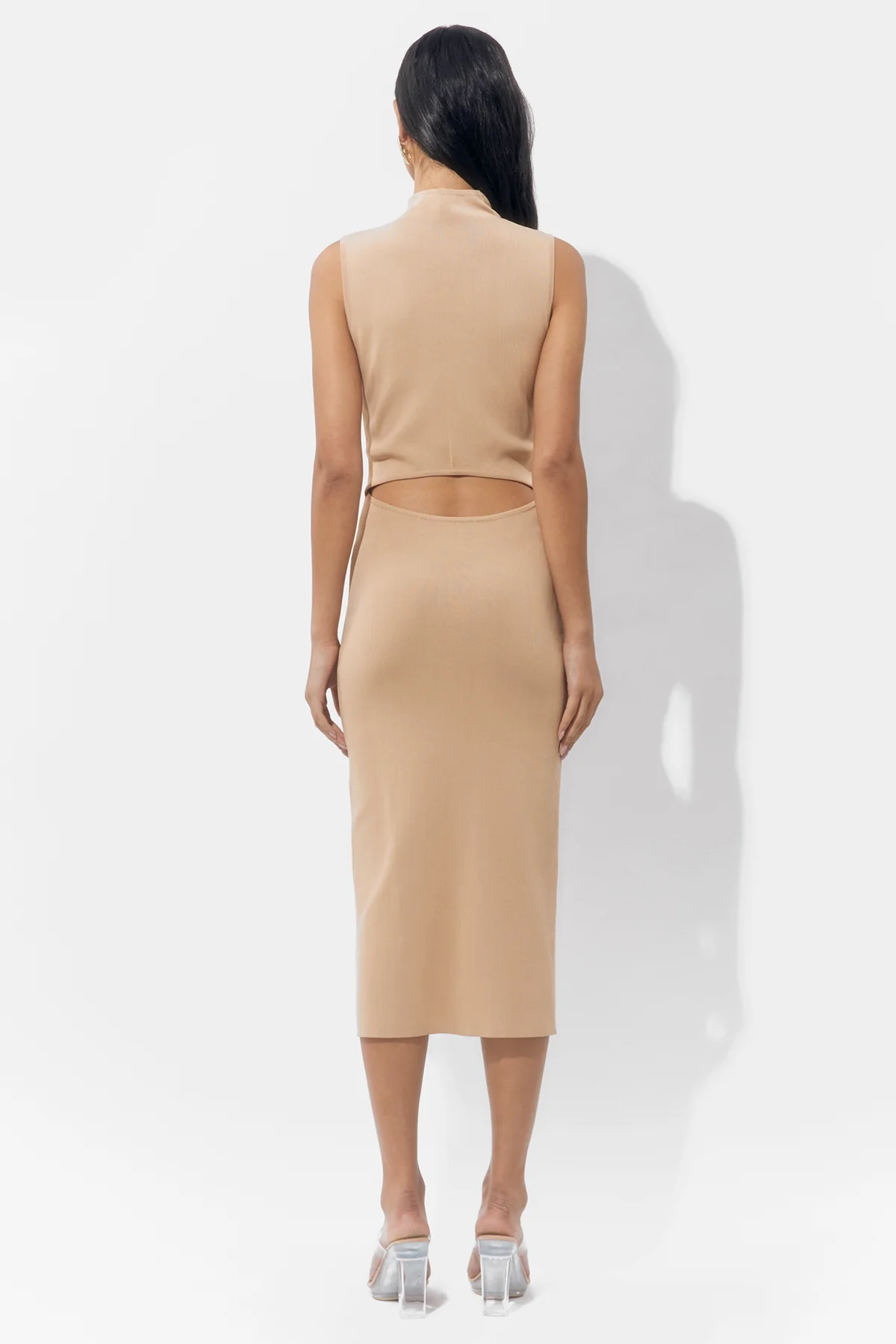 Trish Sculpted Cut Out Knit Nude Midi Dress - Image 3