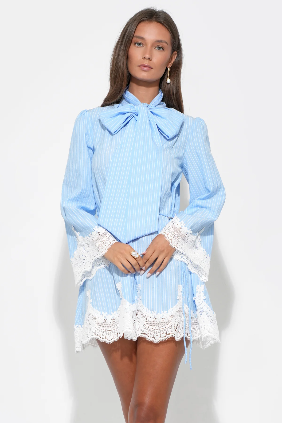 Victoria Neck Tie Lace Trim Stripe Mini Dress
