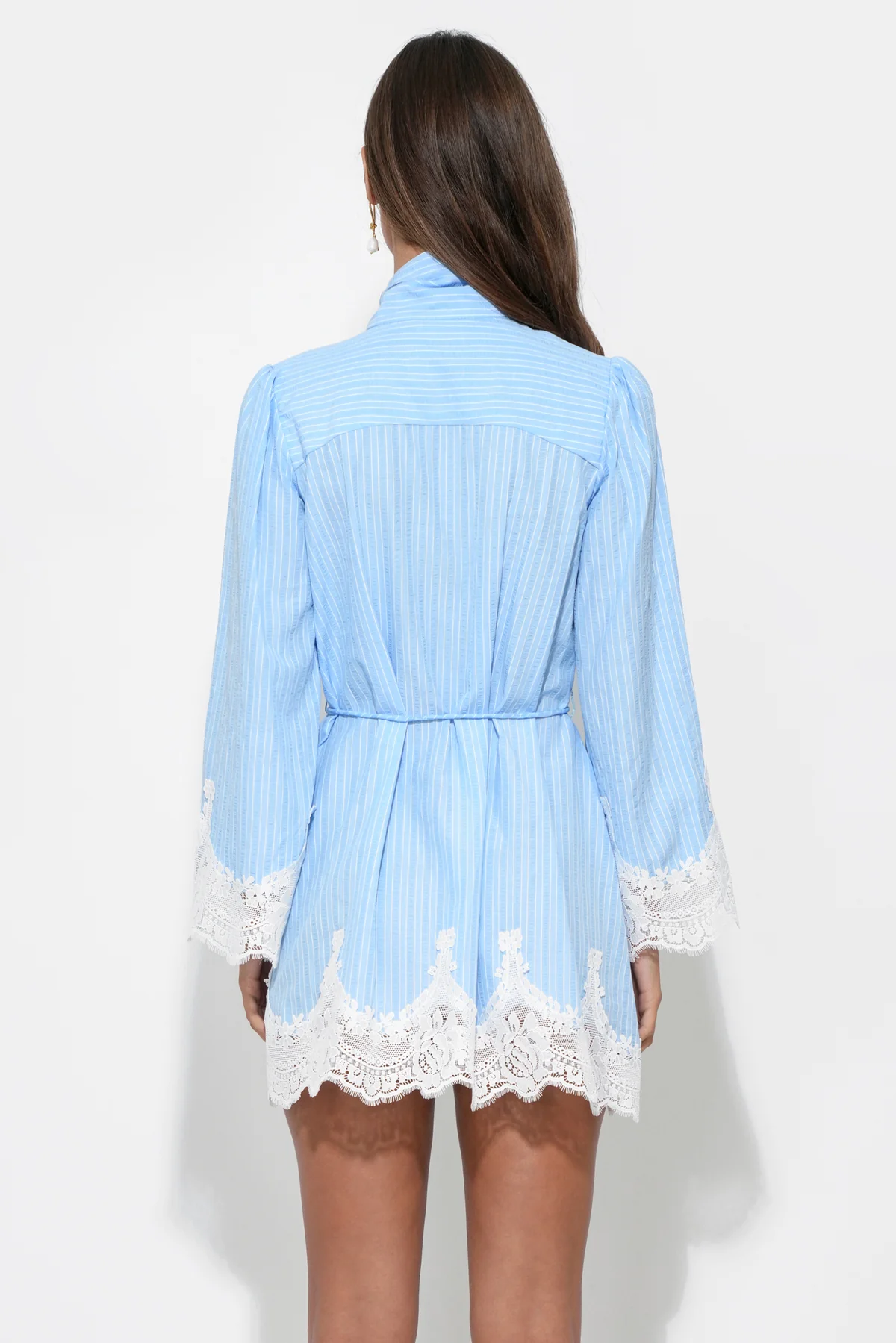 Victoria Neck Tie Lace Trim Stripe Mini Dress - Image 3