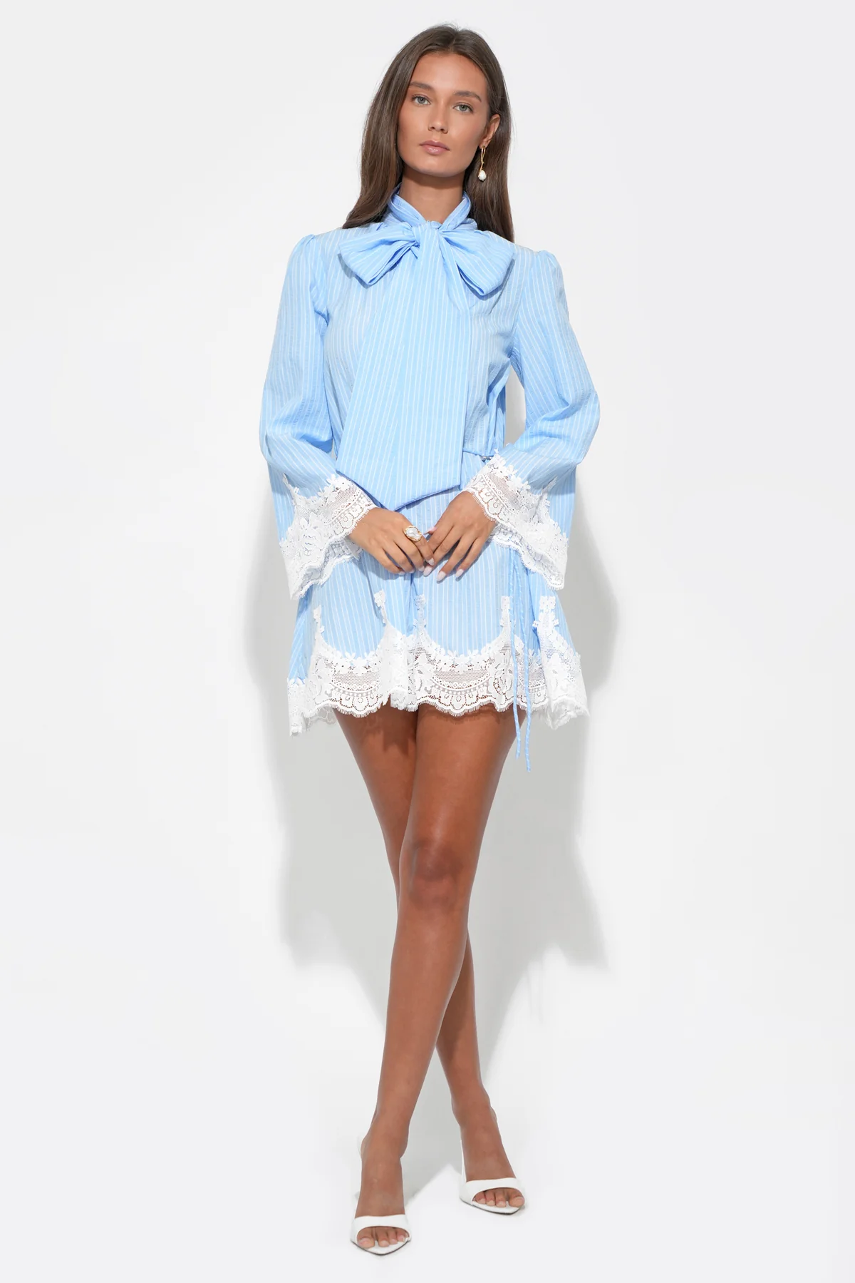 Victoria Neck Tie Lace Trim Stripe Mini Dress - Image 5