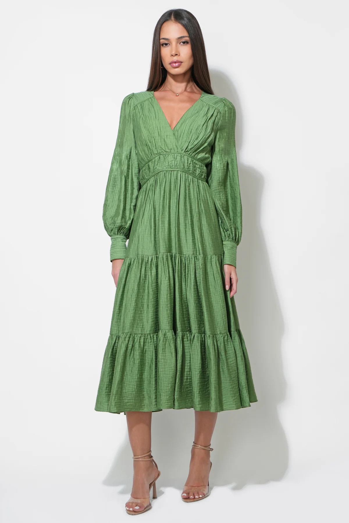 Zinnia Surplice Neck Tiered Midi Dress